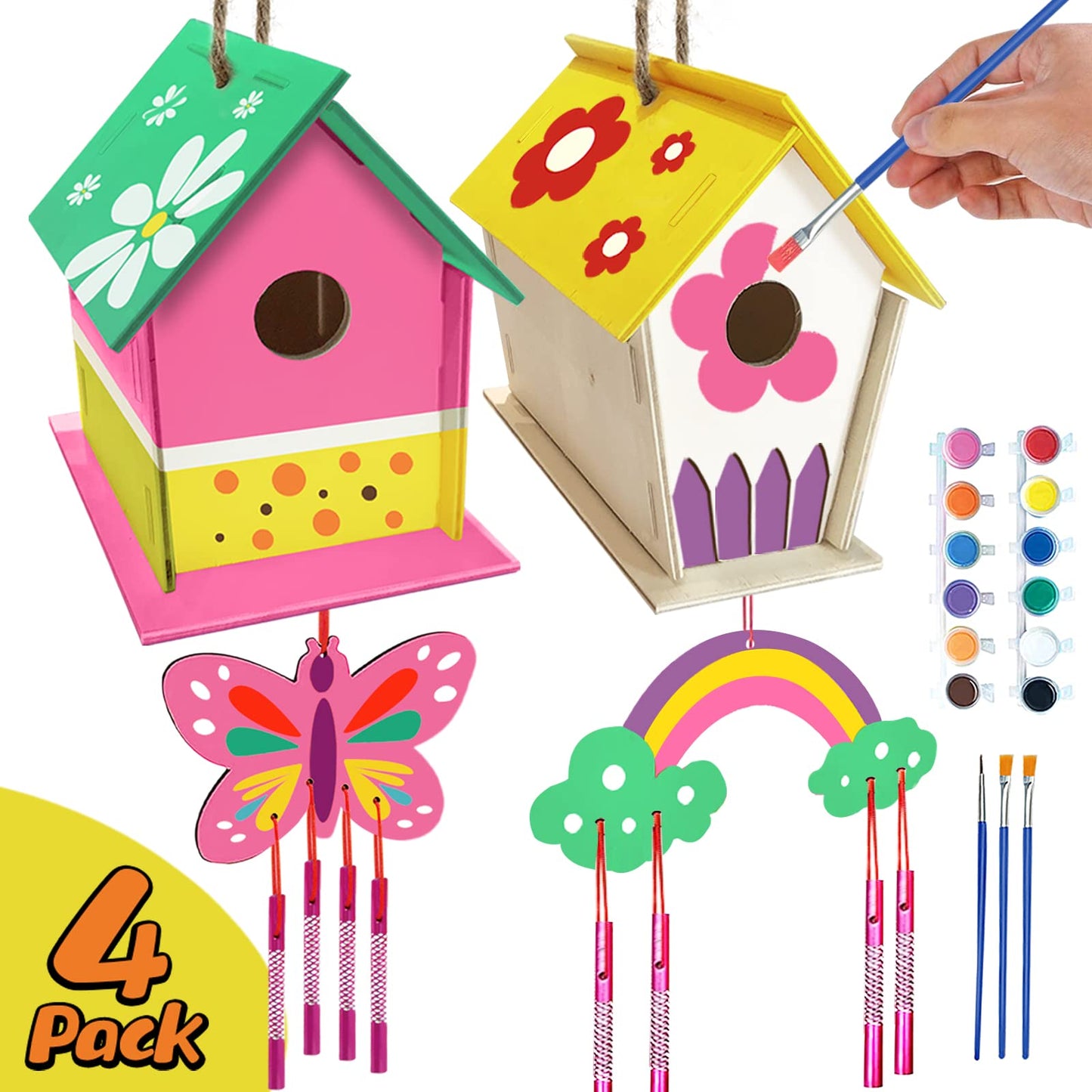 ORIENTAL CHERRY 4-Pack DIY Bird House & Wind Chime Kit for Kids – Build, Paint & Play
