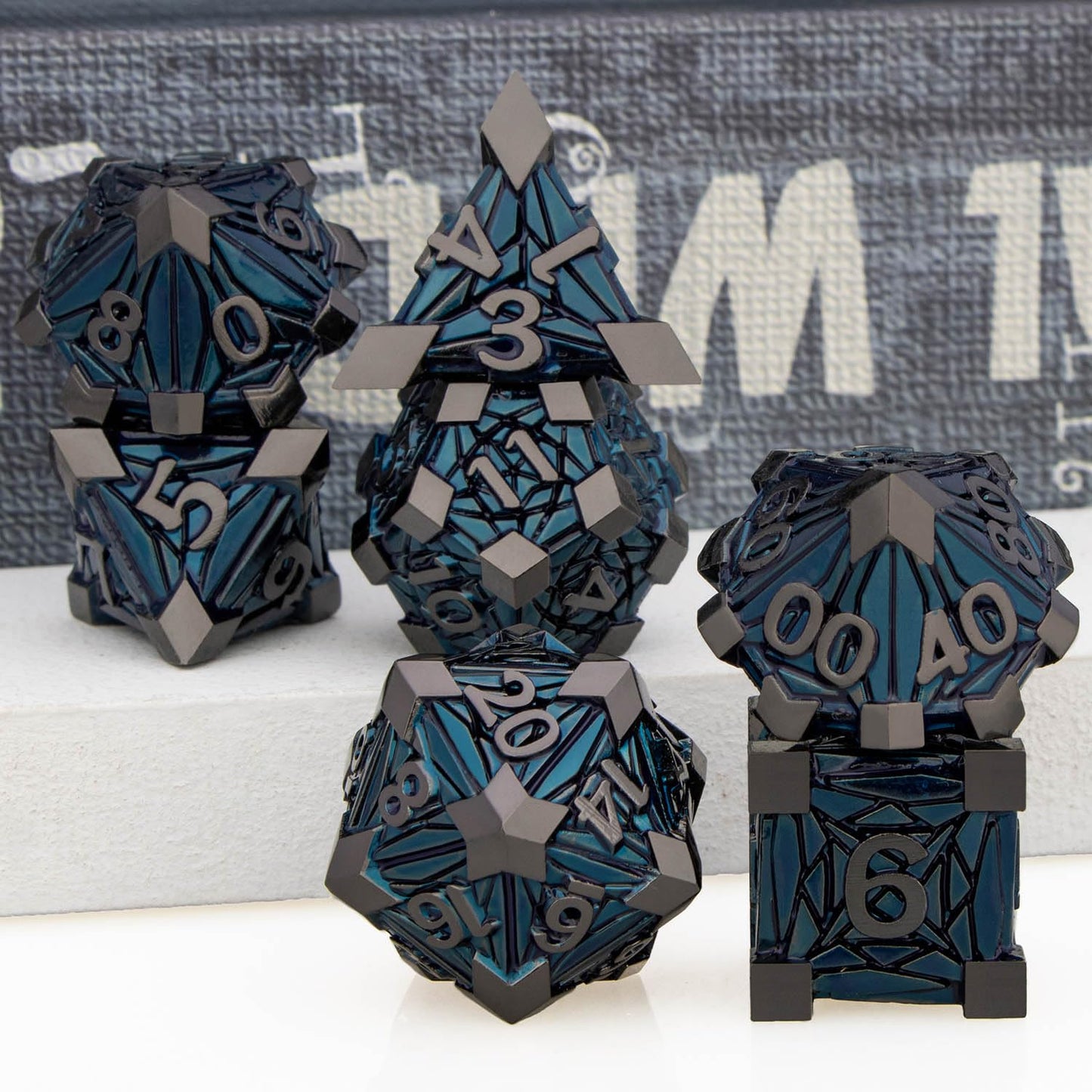 ORIFANTOU 7-Piece Metal DND Dice Set with Box | Crystal Shards Theme D20–D4