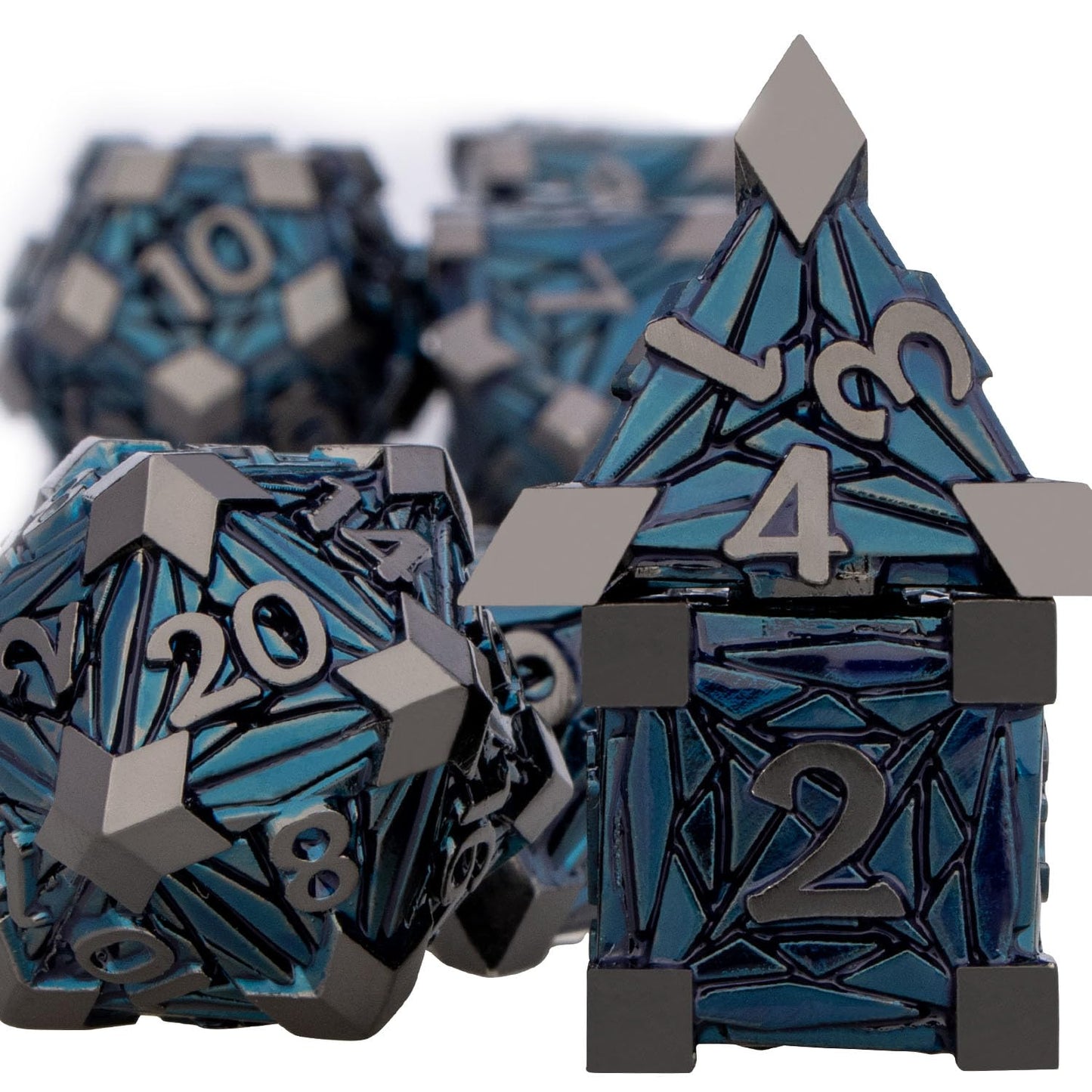 ORIFANTOU 7-Piece Metal DND Dice Set with Box | Crystal Shards Theme D20–D4
