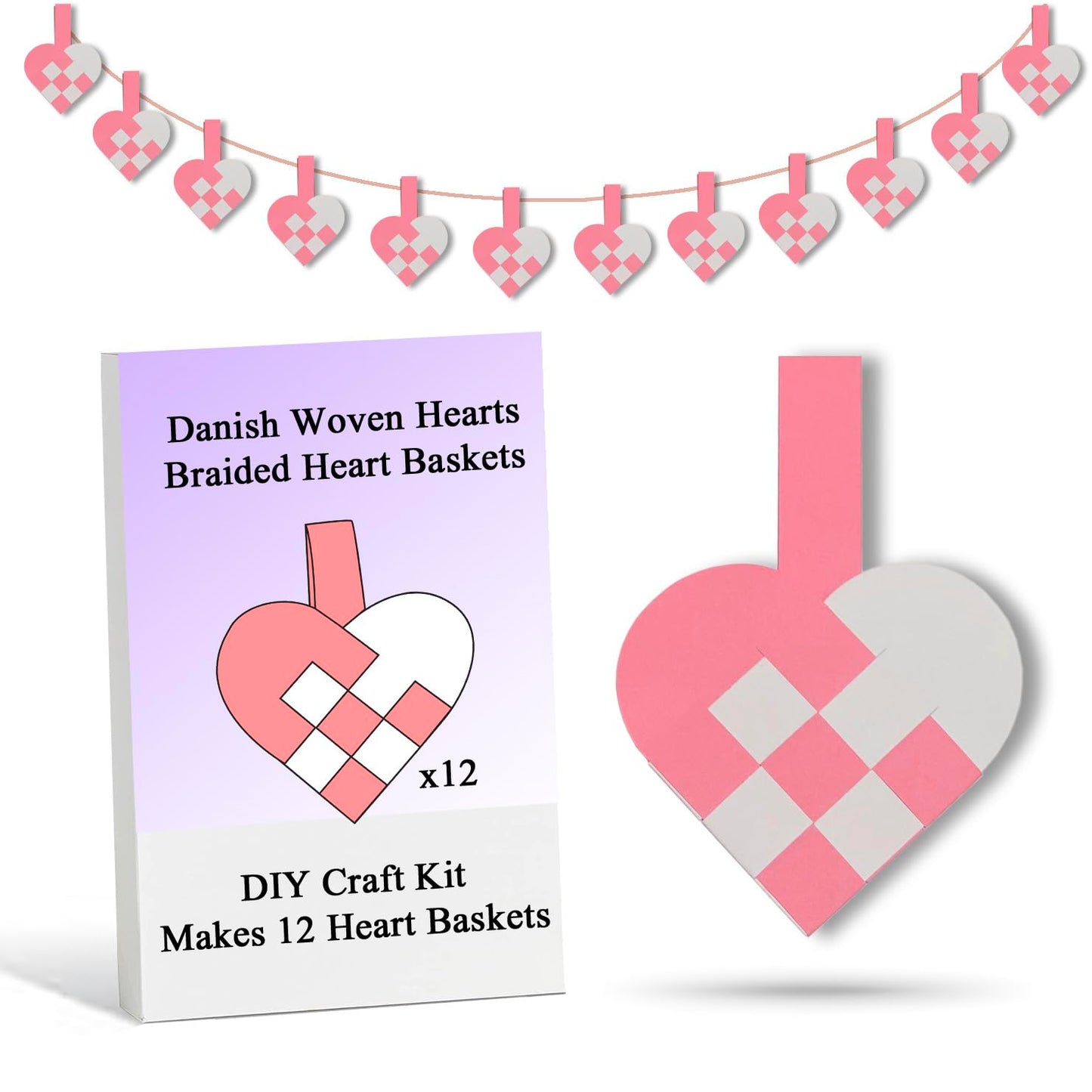 Origami Joy: 12 DIY Danish Heart Baskets Kit – Precut, No Tools Needed (Pink/White)