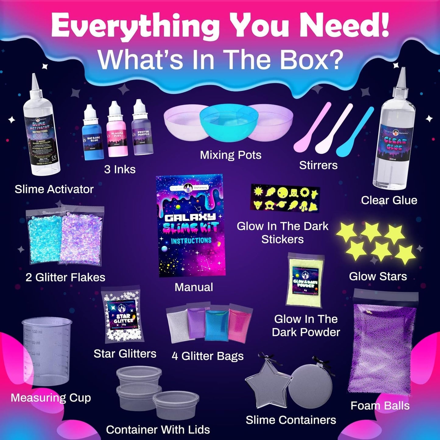 Original Stationery Galaxy Slime Kit for Kids 8–12 — Glow-in-The-Dark Glitter Slime Craft