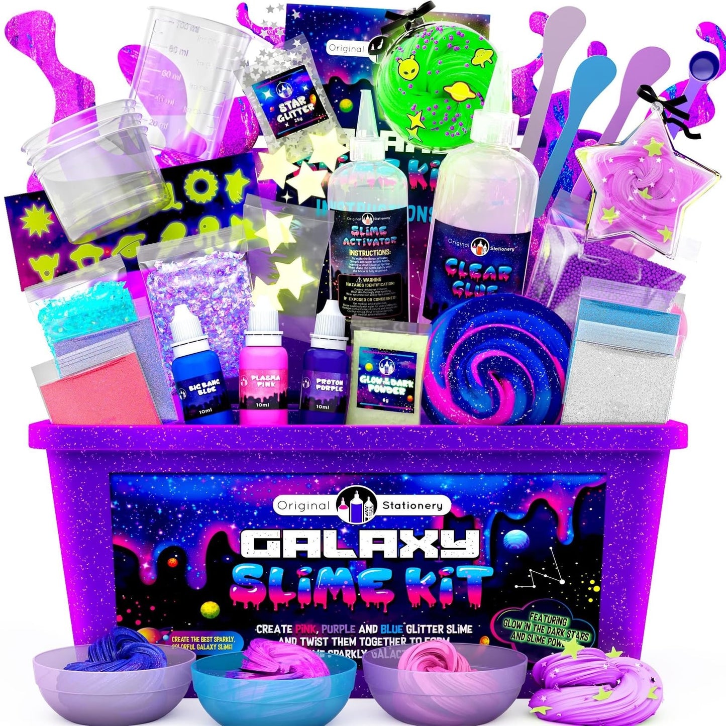 Original Stationery Galaxy Slime Kit for Kids 8–12 — Glow-in-The-Dark Glitter Slime Craft