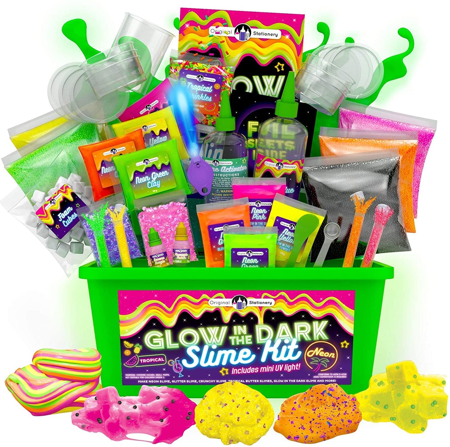 Original Stationery Glow in the Dark Slime Kit – Neon Crunchy Slime & Floam Jelly Cubes, 39-Piece Gift Set for Ages 10-12