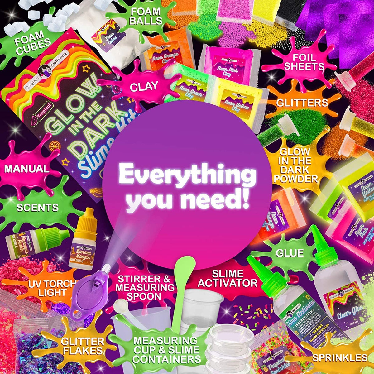Original Stationery Glow in the Dark Slime Kit – Neon Crunchy Slime & Floam Jelly Cubes, 39-Piece Gift Set for Ages 10-12