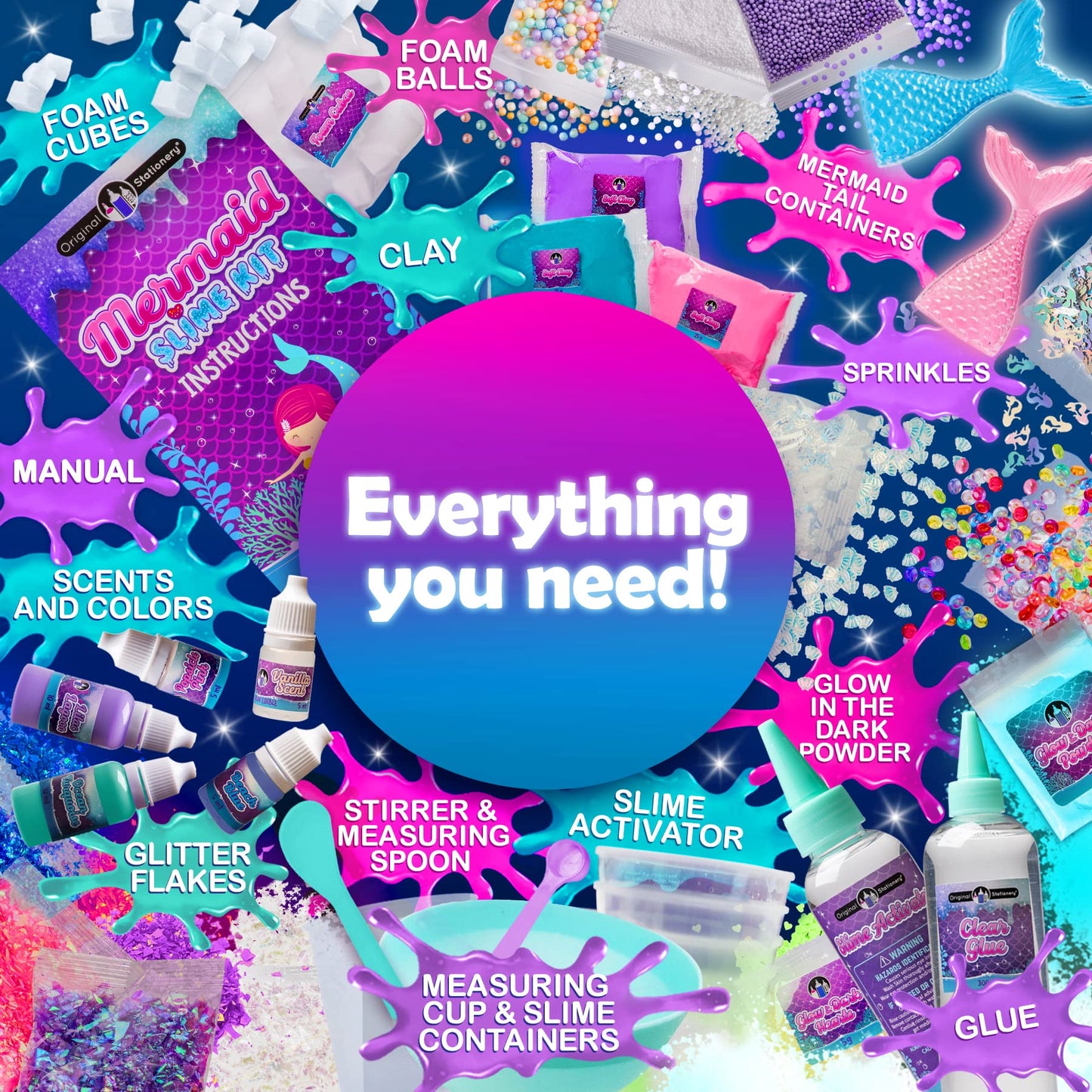 Original Stationery Mermaid Slime Kit – 35-Piece Glow-in-the-Dark Butter & Glitter Slime Set
