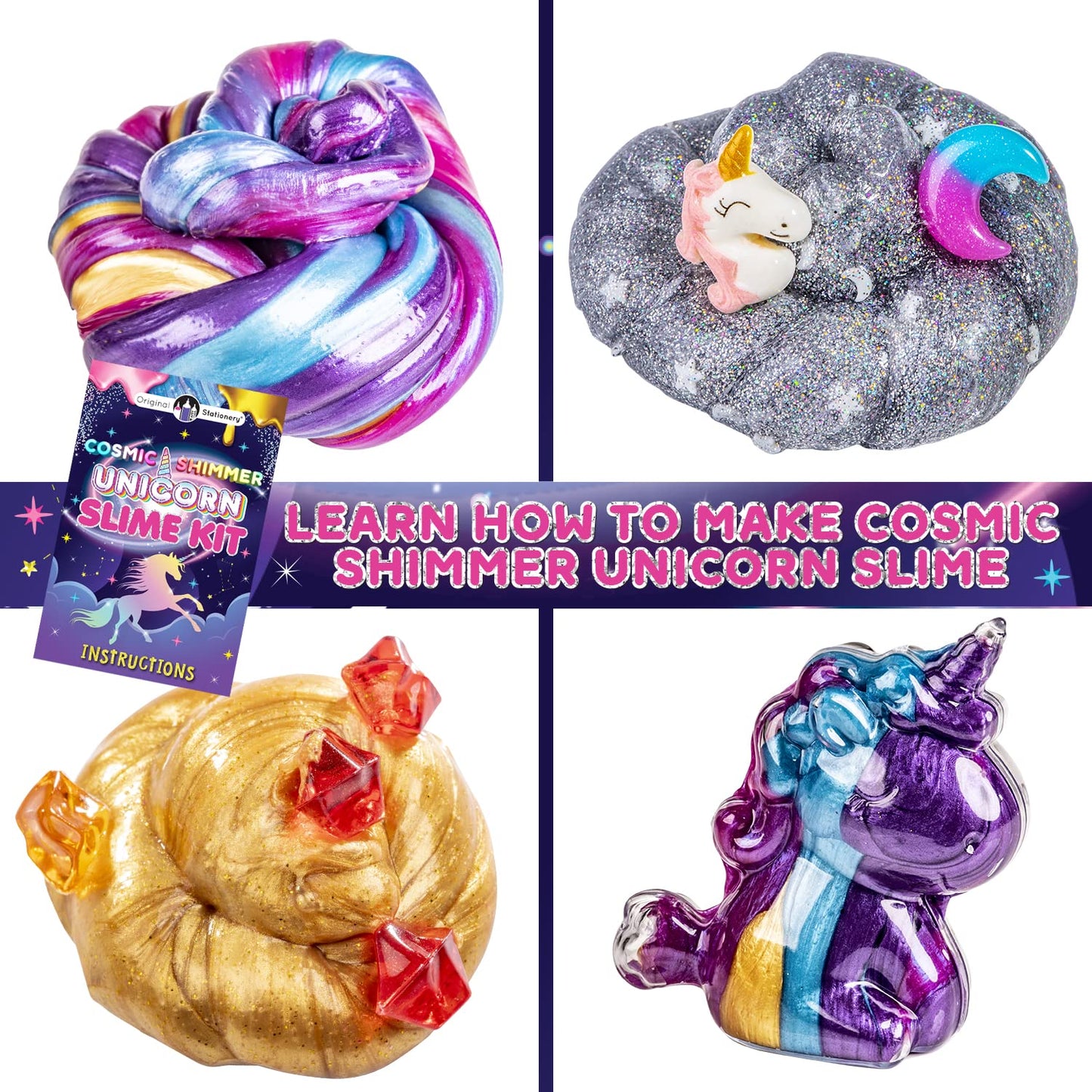 Original Stationery Unicorn Slime Kit for Girls 7–12 | Glow-in-The-Dark, Pearlescent & Glitter Slimes