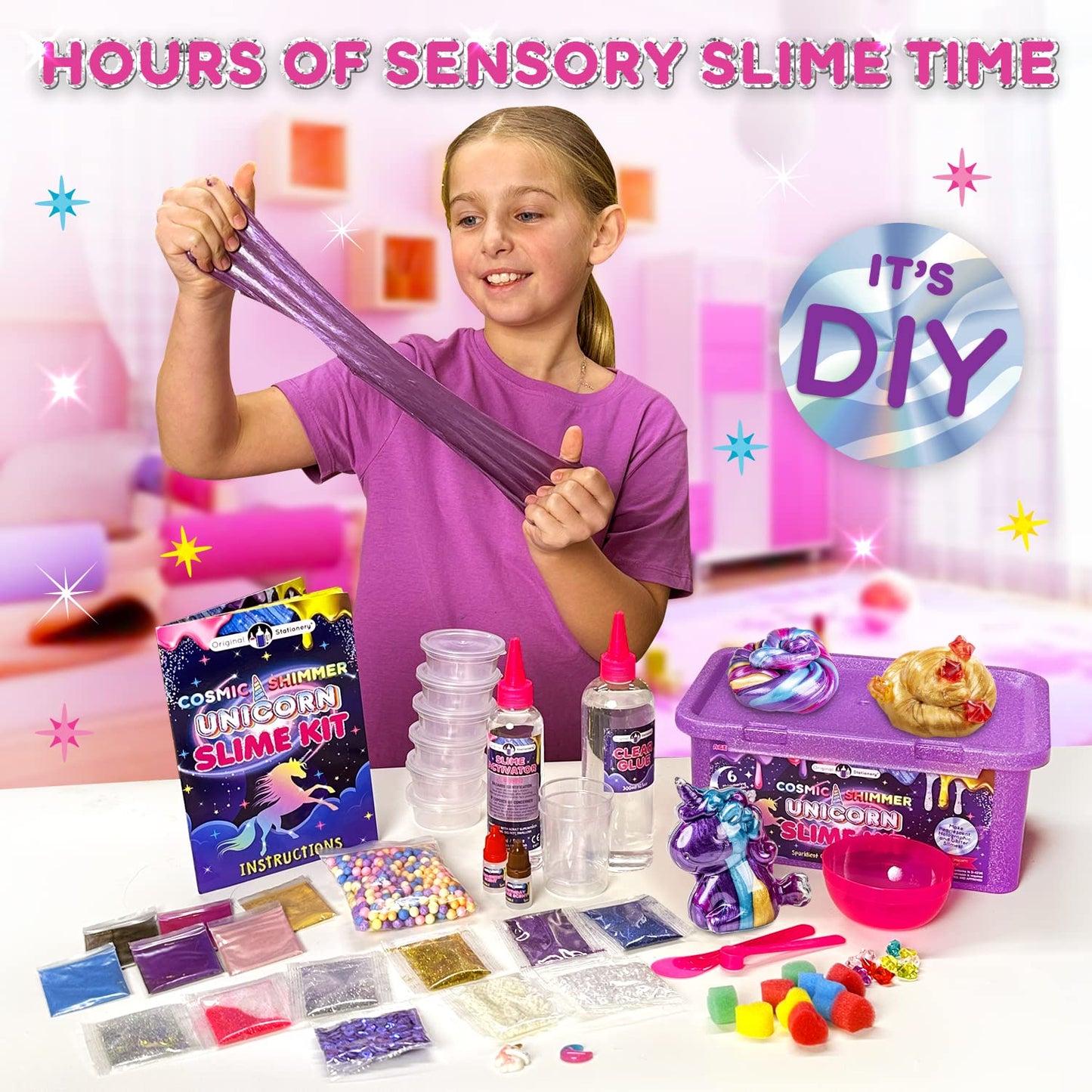 Original Stationery Unicorn Slime Kit for Girls 7–12 | Glow-in-The-Dark, Pearlescent & Glitter Slimes