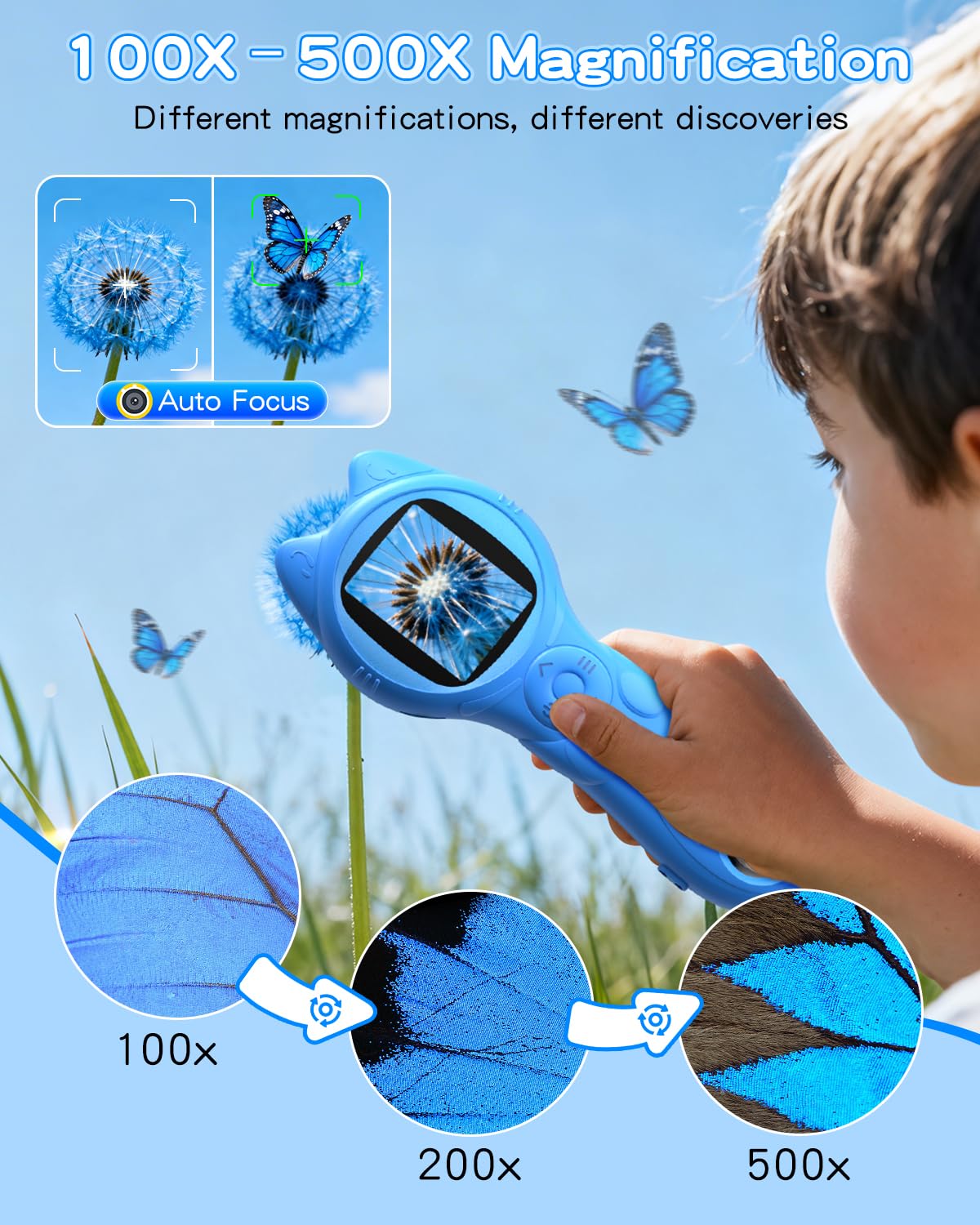 Oripira Kids Handheld Microscope – 100x-500x Autofocus, 1080P Display, Portable Blue Miniscope
