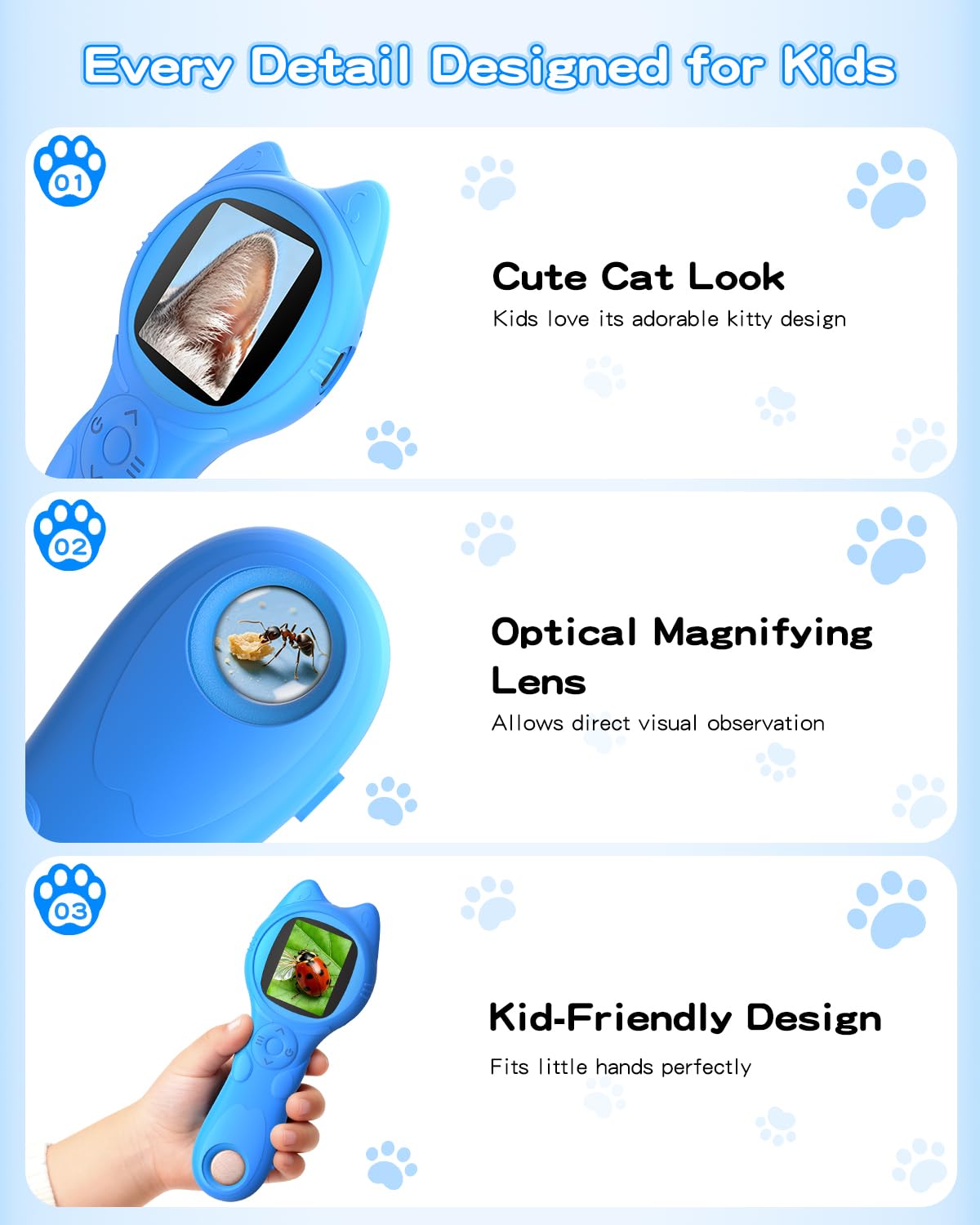 Oripira Kids Handheld Microscope – 100x-500x Autofocus, 1080P Display, Portable Blue Miniscope