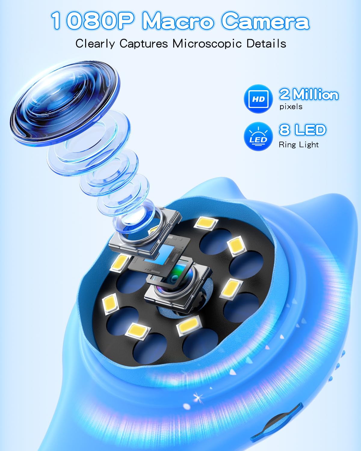 Oripira Kids Handheld Microscope – 100x-500x Autofocus, 1080P Display, Portable Blue Miniscope
