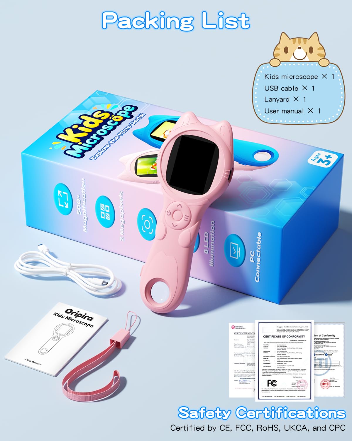 Oripira Kids Microscope Handheld Autofocus 500X – 1080P Mini Pocket Microscope for Kids