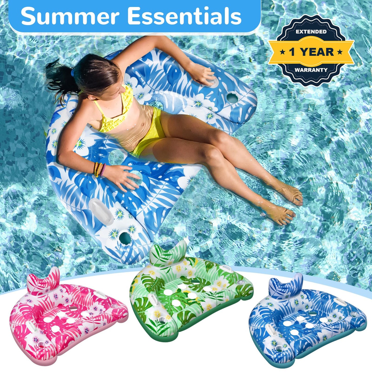 Ornnut Pool Floats 3-Pack – Inflatable Lounge Chairs with Cupholders & Handles