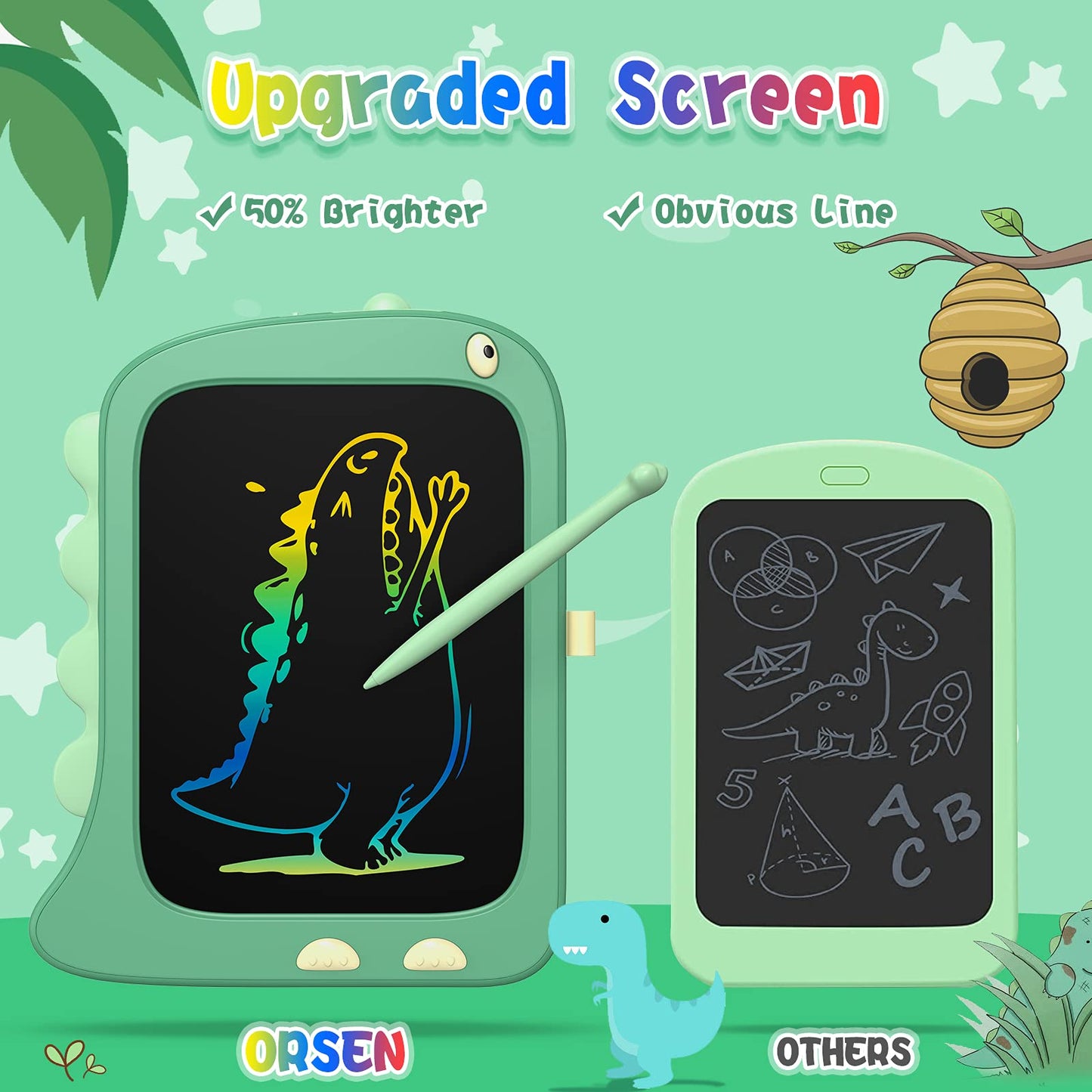 ORSEN 8.5-Inch LCD Doodle Board – Green Dinosaur Drawing Pad for Kids 2-6