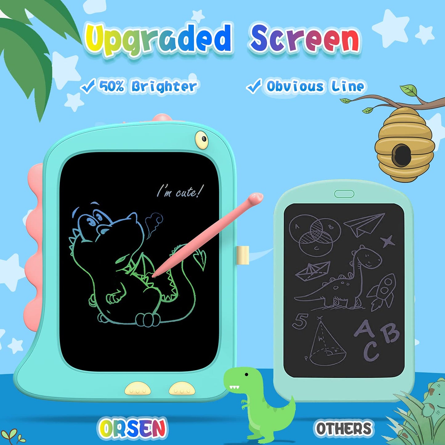 ORSEN 8.5-Inch Doodle Board for Kids 3-7 – Dinosaur Toy & Learning Tablet