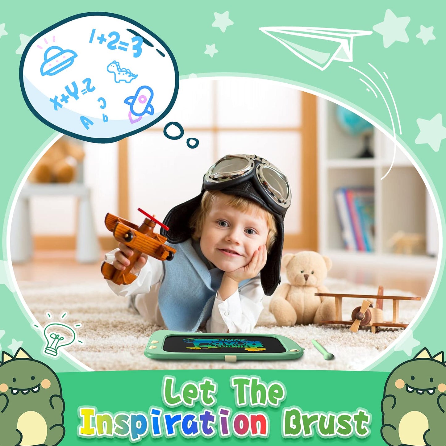 ORSEN 8.5-Inch LCD Doodle Board – Green Dinosaur Drawing Pad for Kids 2-6