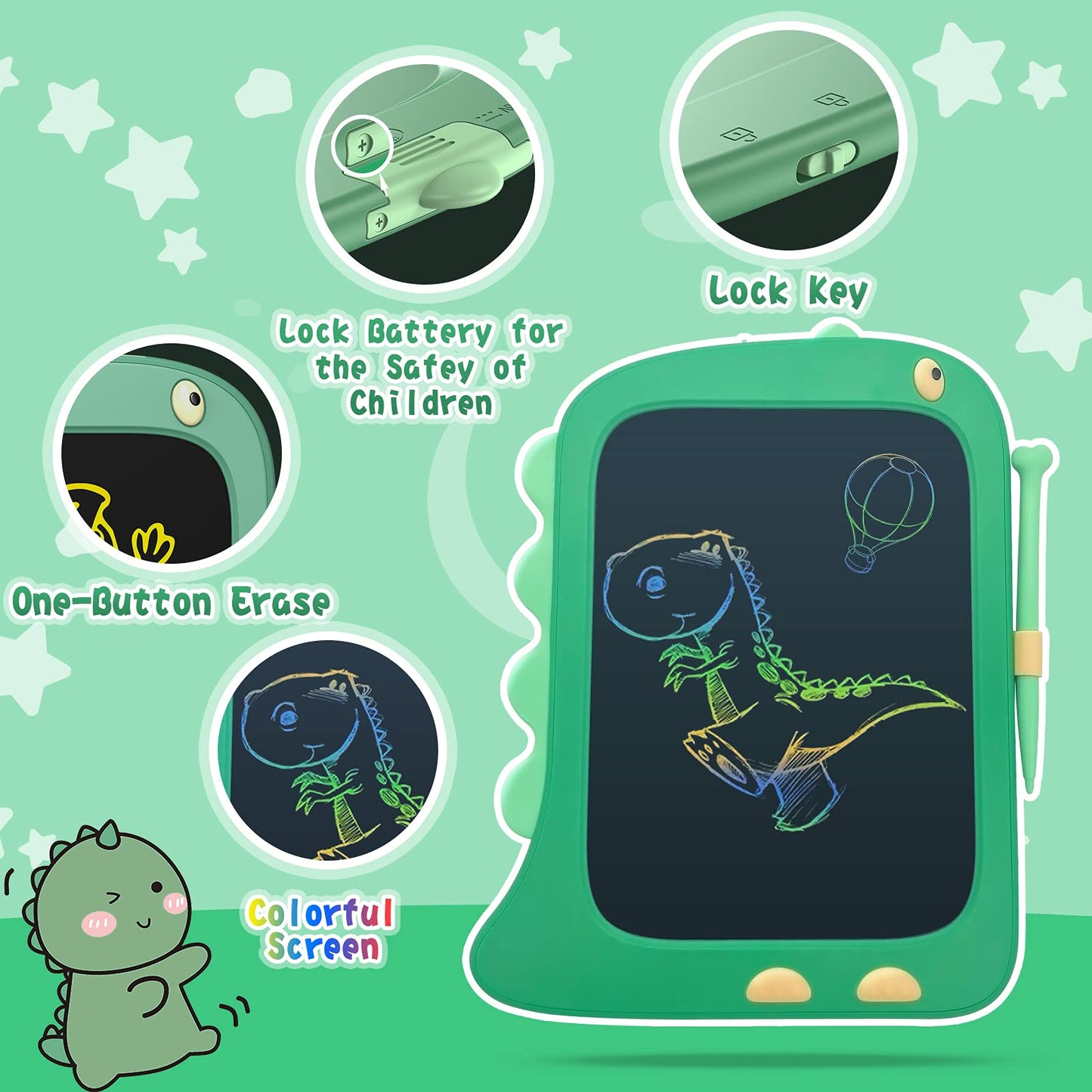 ORSEN 8.5-Inch LCD Doodle Board – Green Dinosaur Drawing Pad for Kids 2-6
