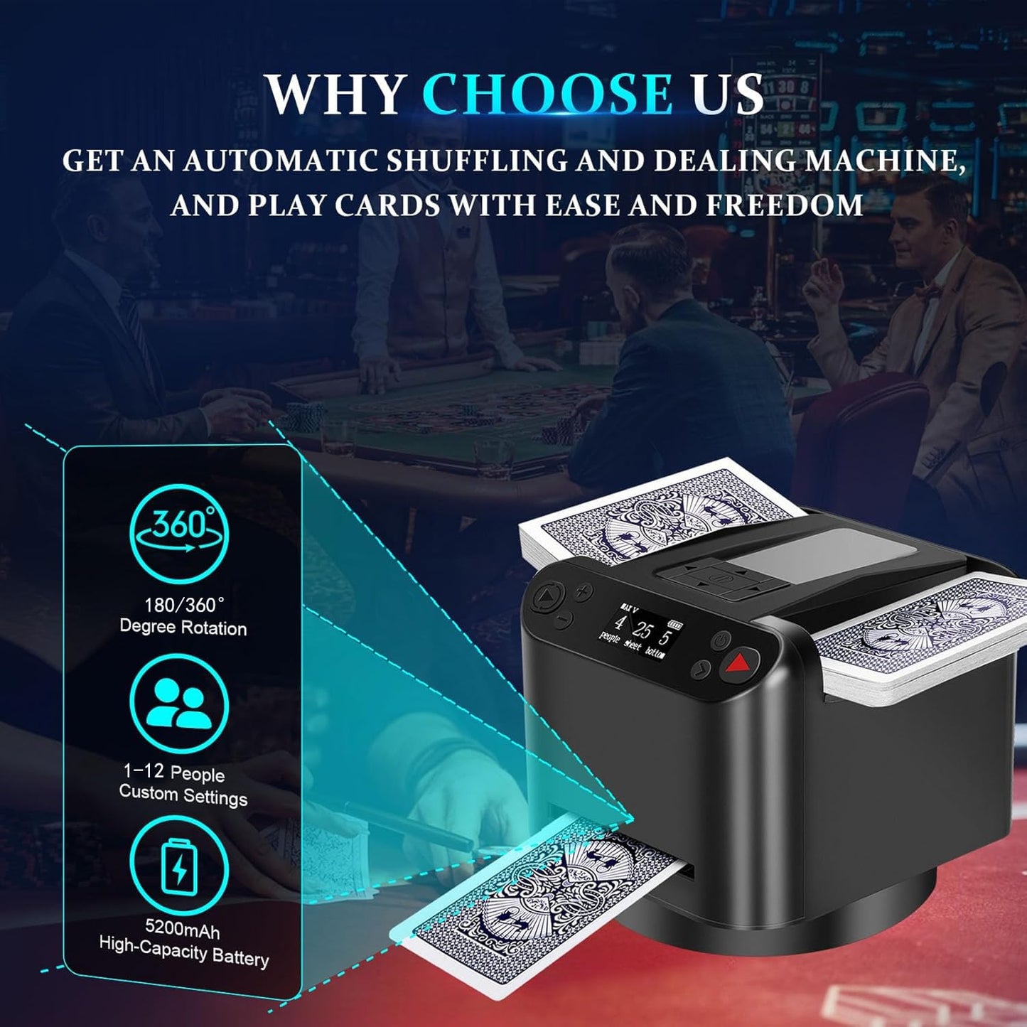 Orsong Automatic Card Shuffler & Dealer — 180/360° Rotation, 4 Remote Controls, Custom Card Dispense
