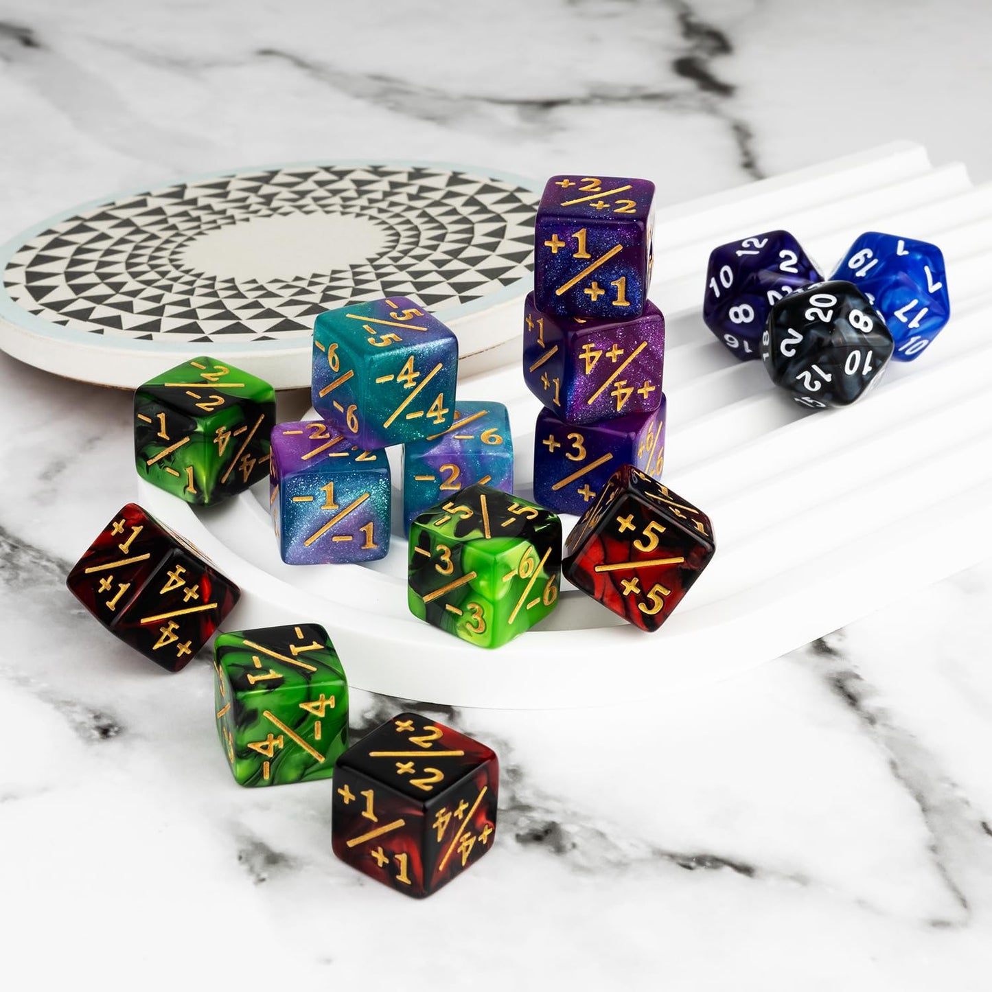 ORUNI 75-Piece MTG Counter Dice Set with Velvet Bag – Shield, Ability, Plus/Minus & D20