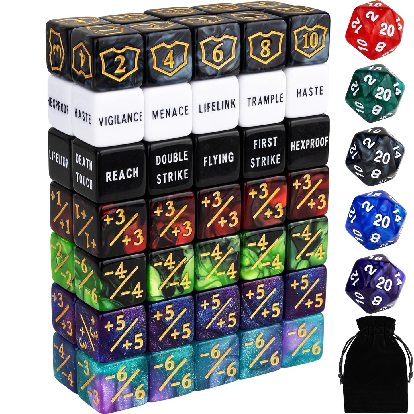 ORUNI 75-Piece MTG Counter Dice Set with Velvet Bag – Shield, Ability, Plus/Minus & D20
