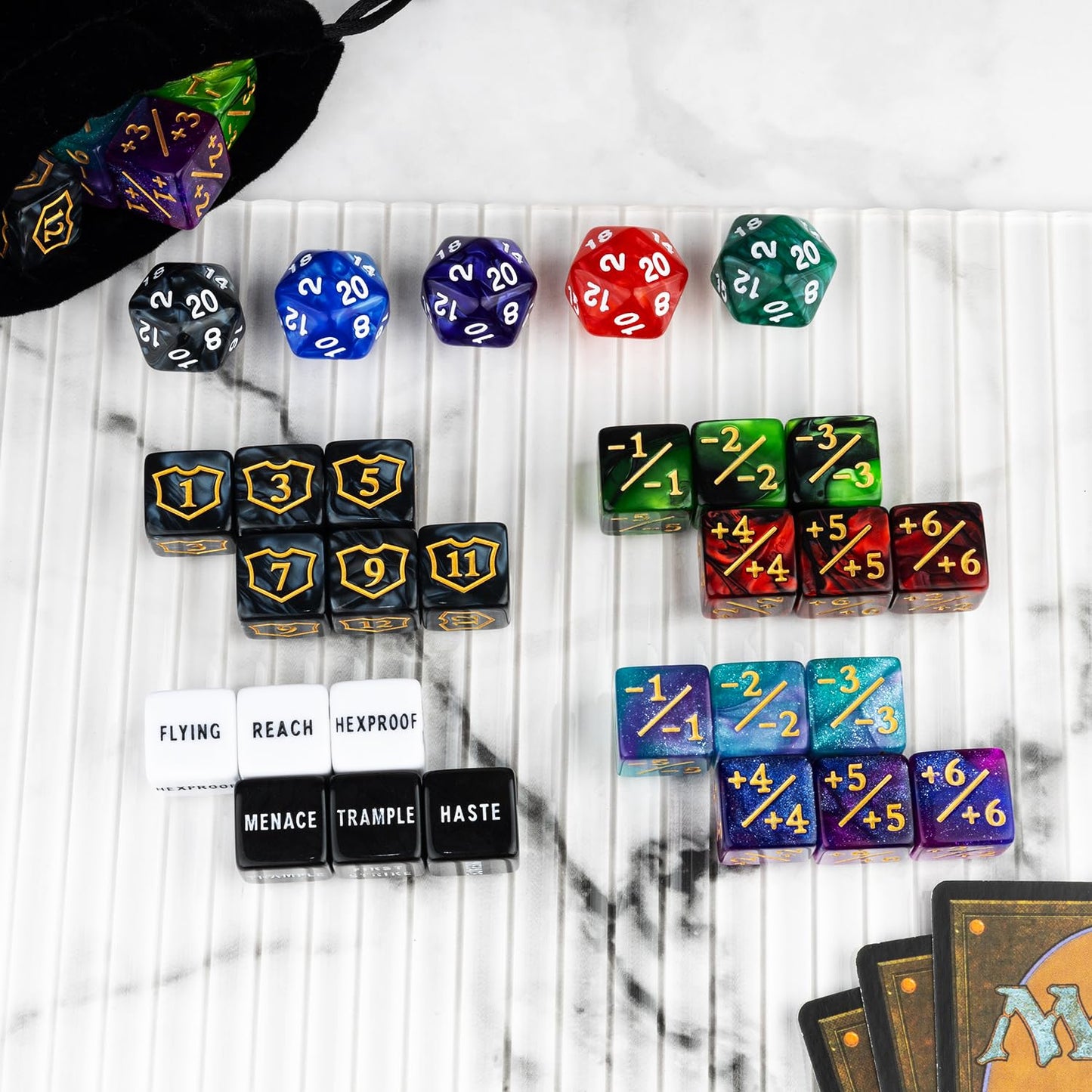 ORUNI 75-Piece MTG Counter Dice Set with Velvet Bag – Shield, Ability, Plus/Minus & D20