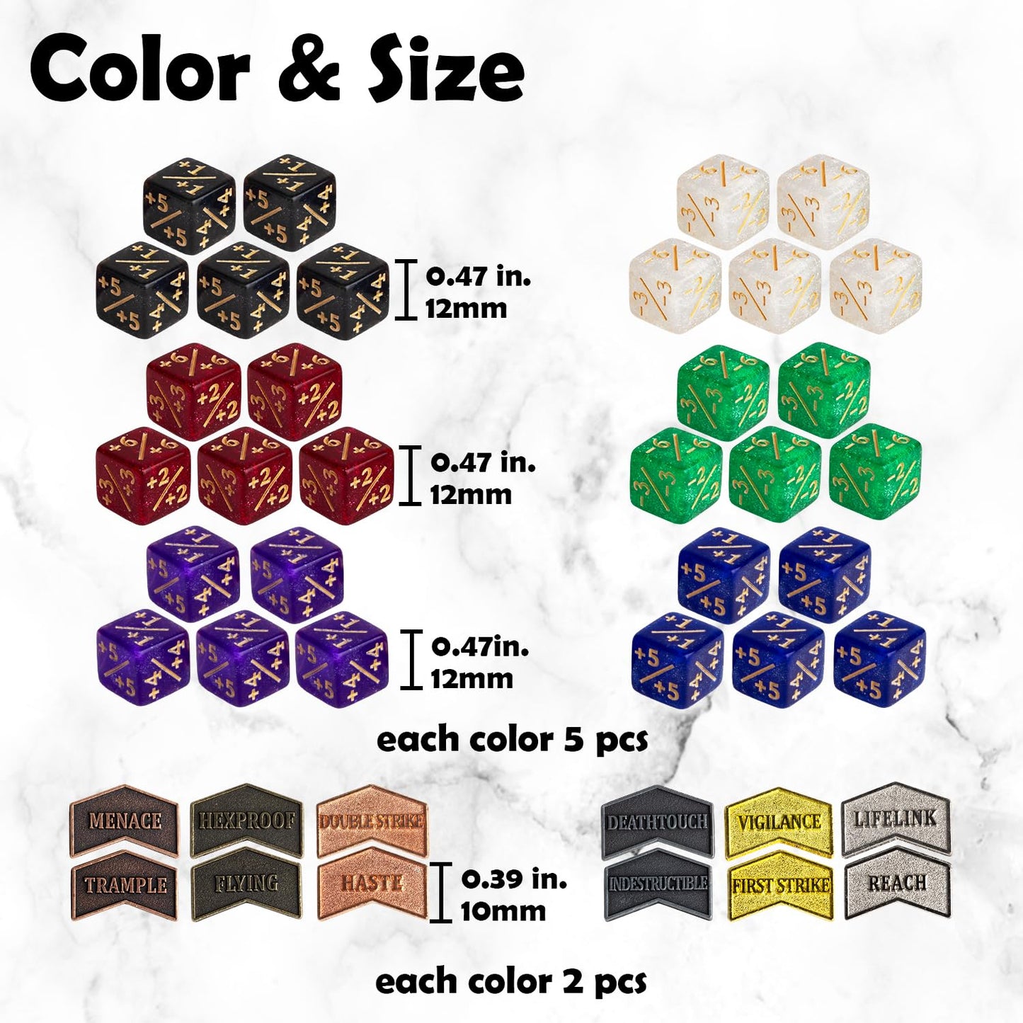 ORUNI 42-Piece MTG Dice Counters & Metal Tokens – 12mm, Reversible, Abilities Keywords