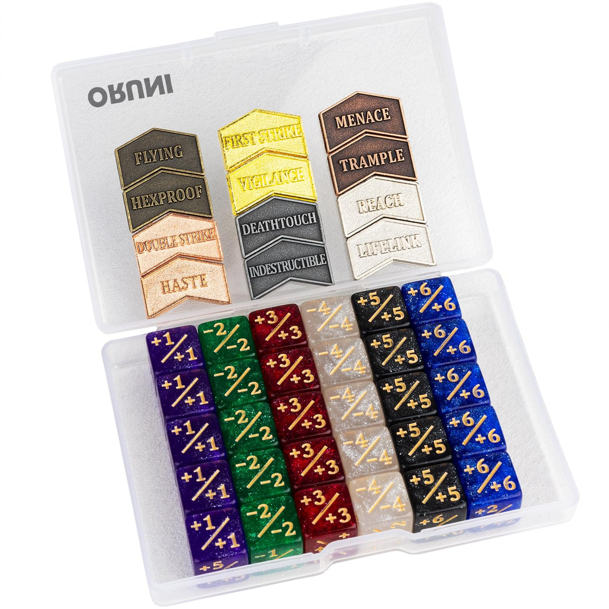 ORUNI 42-Piece MTG Dice Counters & Metal Tokens – 12mm, Reversible, Abilities Keywords