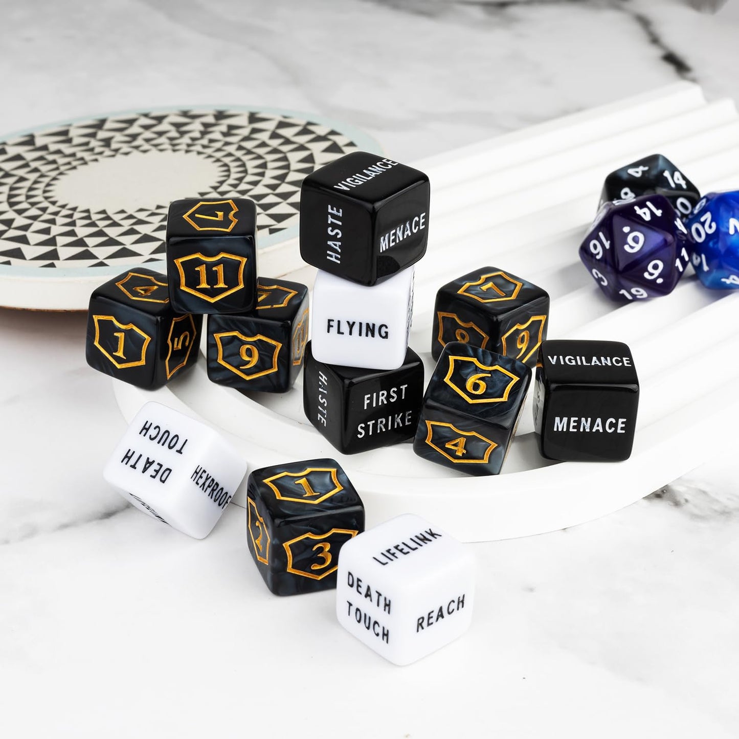 ORUNI 75-Piece MTG Counter Dice Set with Velvet Bag – Shield, Ability, Plus/Minus & D20