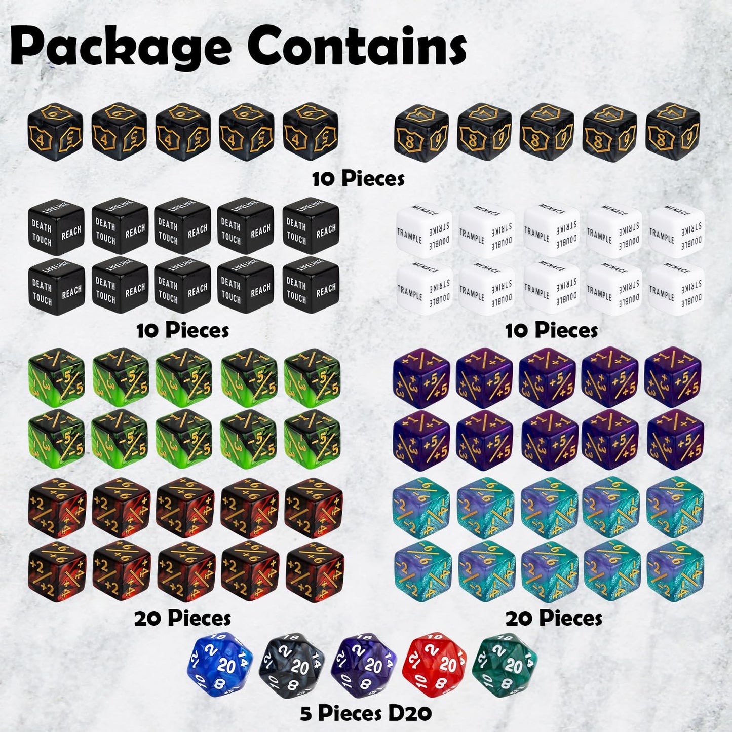 ORUNI 75-Piece MTG Counter Dice Set with Velvet Bag – Shield, Ability, Plus/Minus & D20