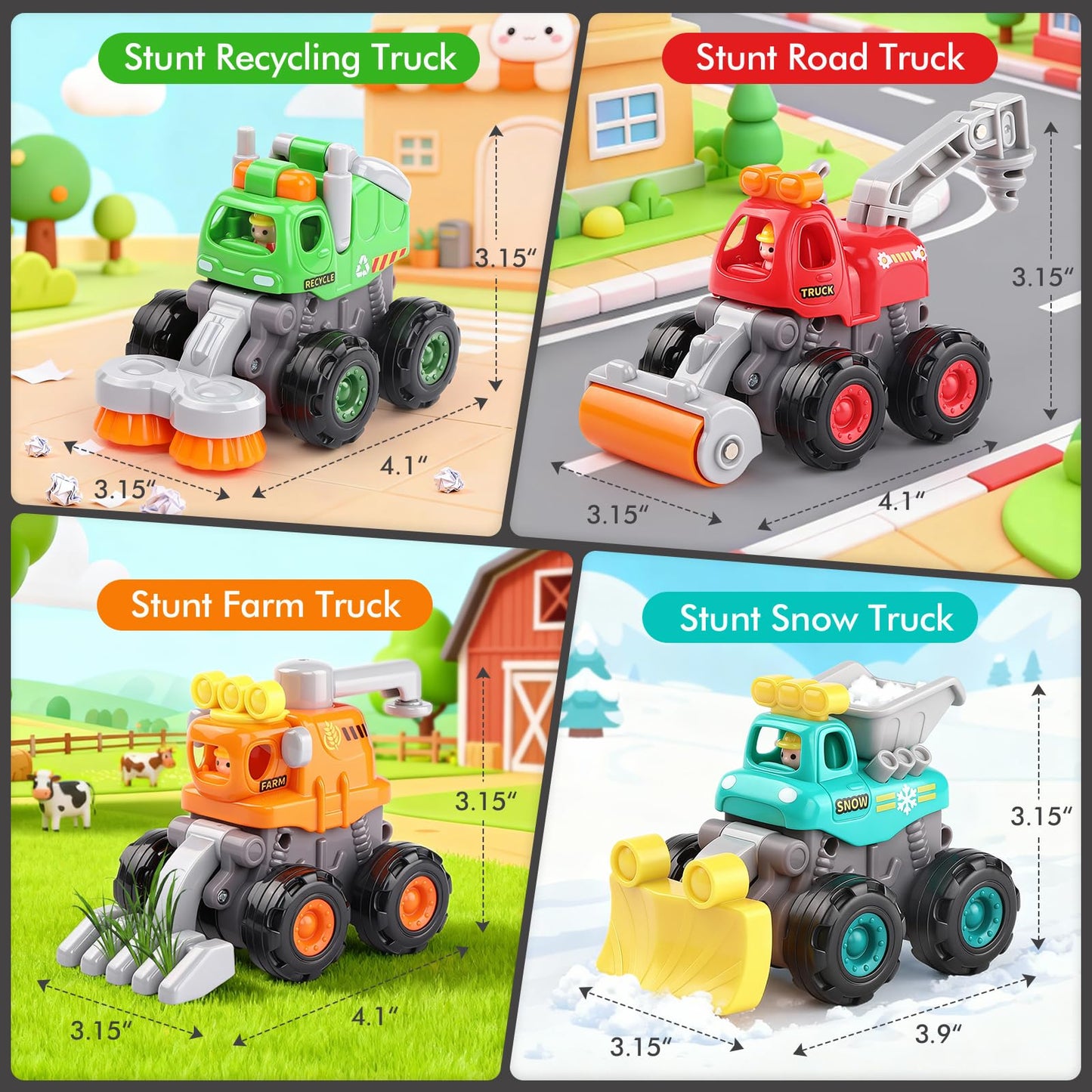 ORWINE Push & Go Construction Trucks – 4-Pack Friction-Powered Toys for Ages 2-5