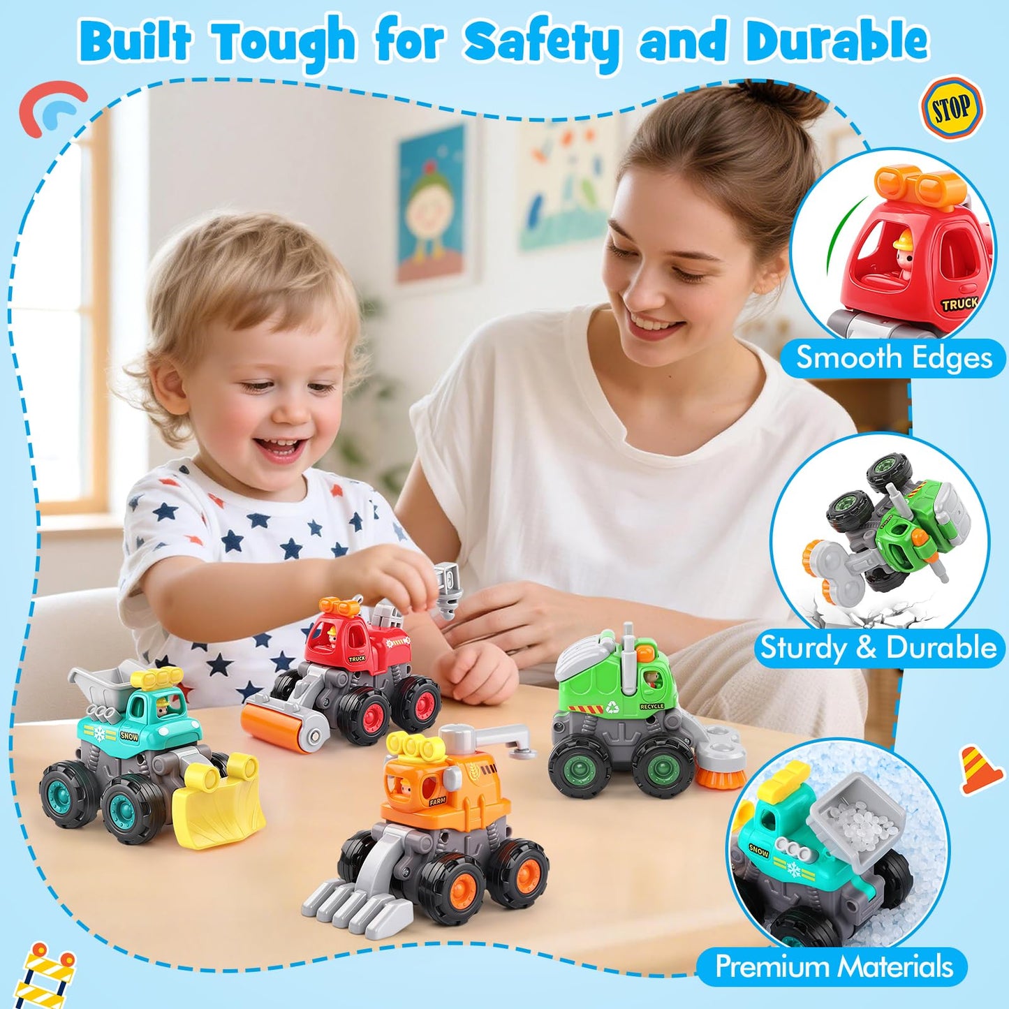 ORWINE Push & Go Construction Trucks – 4-Pack Friction-Powered Toys for Ages 2-5