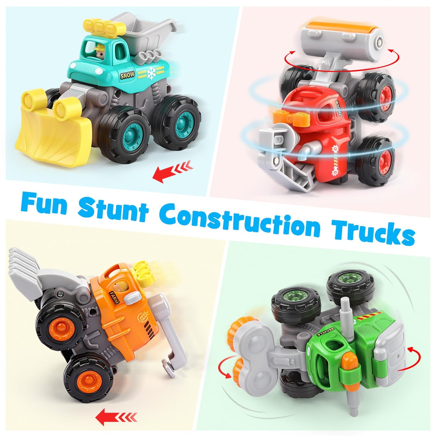 ORWINE Push & Go Construction Trucks – 4-Pack Friction-Powered Toys for Ages 2-5