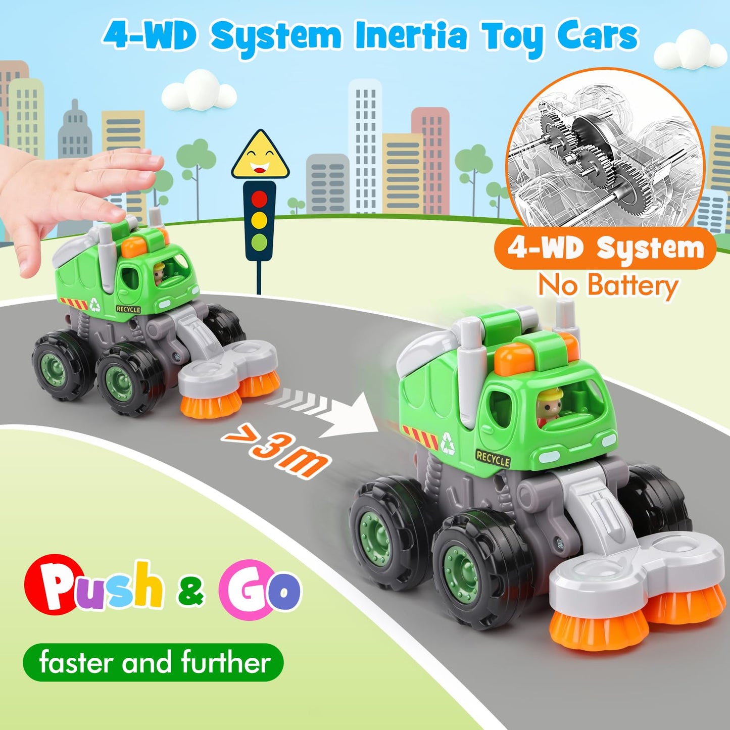 ORWINE Push & Go Construction Trucks – 4-Pack Friction-Powered Toys for Ages 2-5