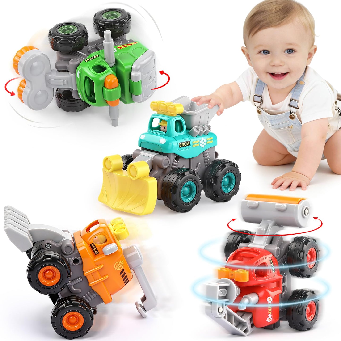 ORWINE Push & Go Construction Trucks – 4-Pack Friction-Powered Toys for Ages 2-5