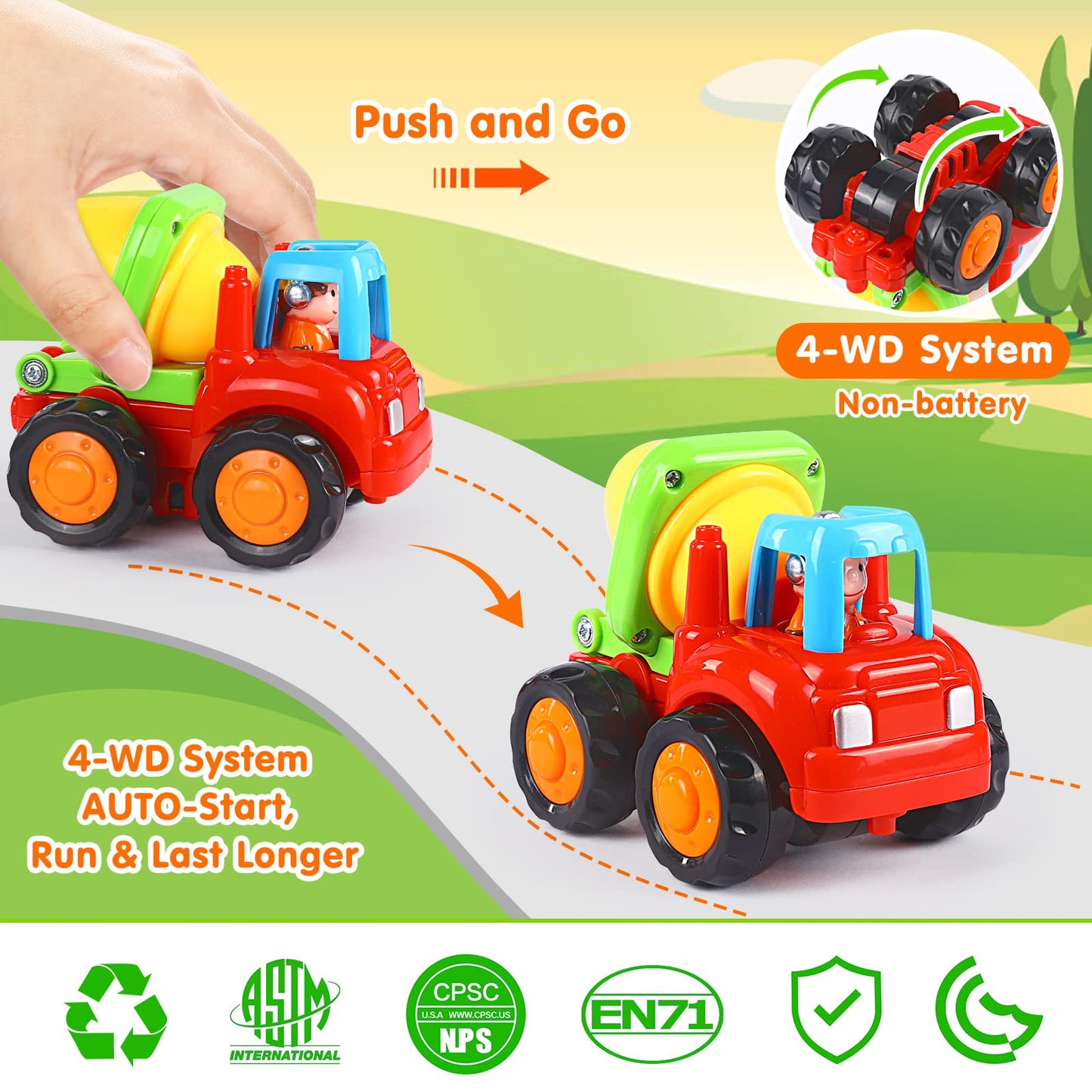 ORWINE Inertia Toy Cars – 4-Piece Friction-Powered Construction Vehicles