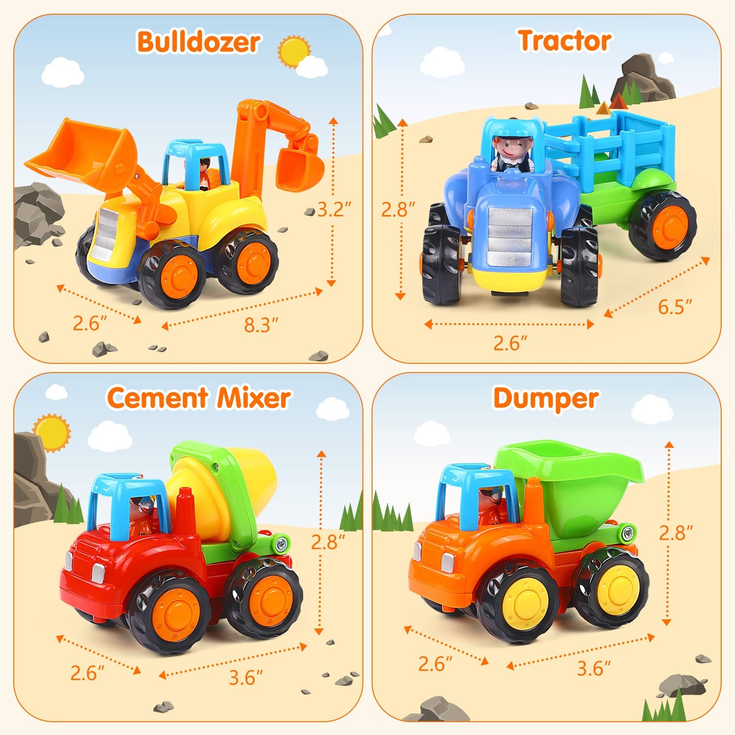 ORWINE Inertia Toy Cars – 4-Piece Friction-Powered Construction Vehicles
