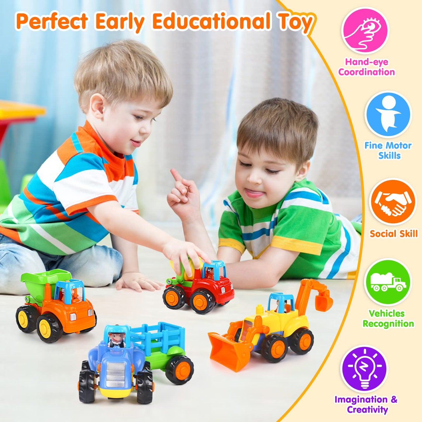 ORWINE Inertia Toy Cars – 4-Piece Friction-Powered Construction Vehicles