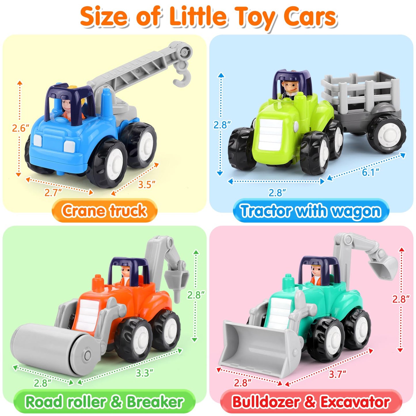 ORWINE Inertia Trucks Toy Cars – 4-Pack Friction-Powered Construction Vehicles for Toddlers 18M+