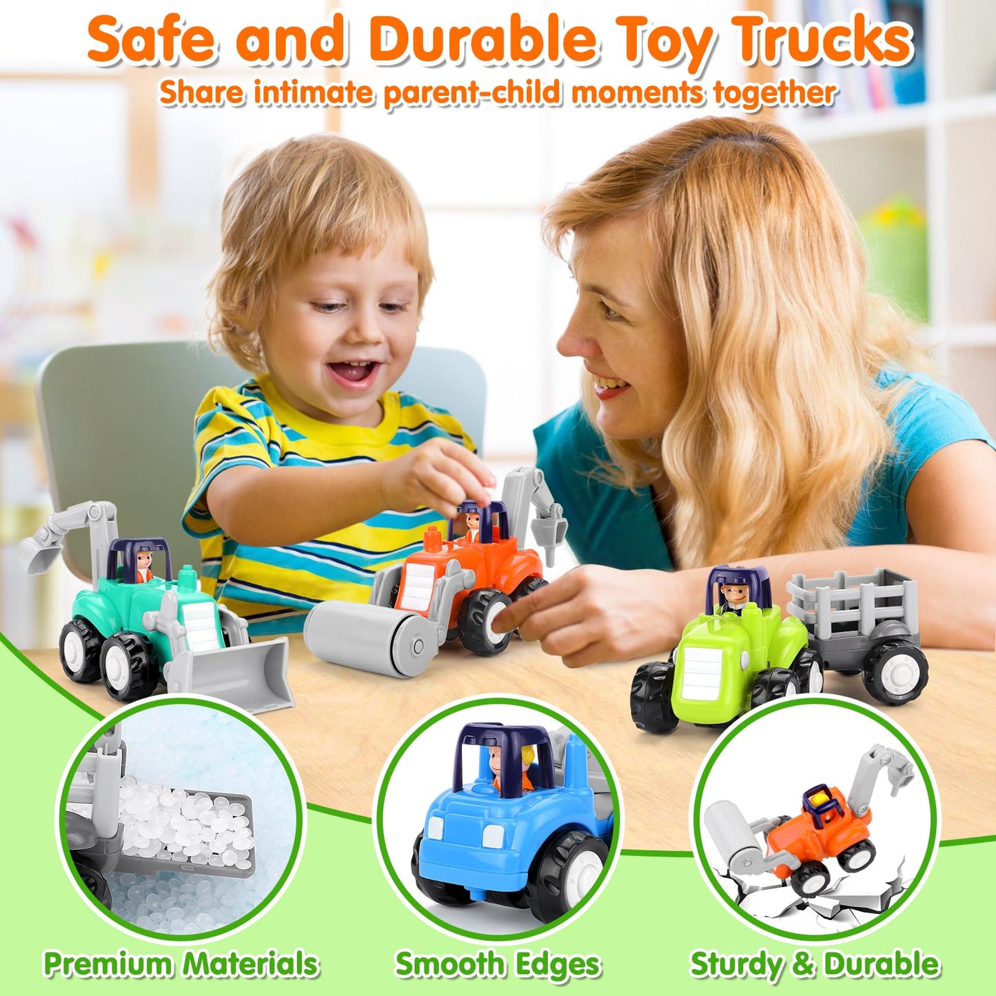 ORWINE Inertia Trucks Toy Cars – 4-Pack Friction-Powered Construction Vehicles for Toddlers 18M+