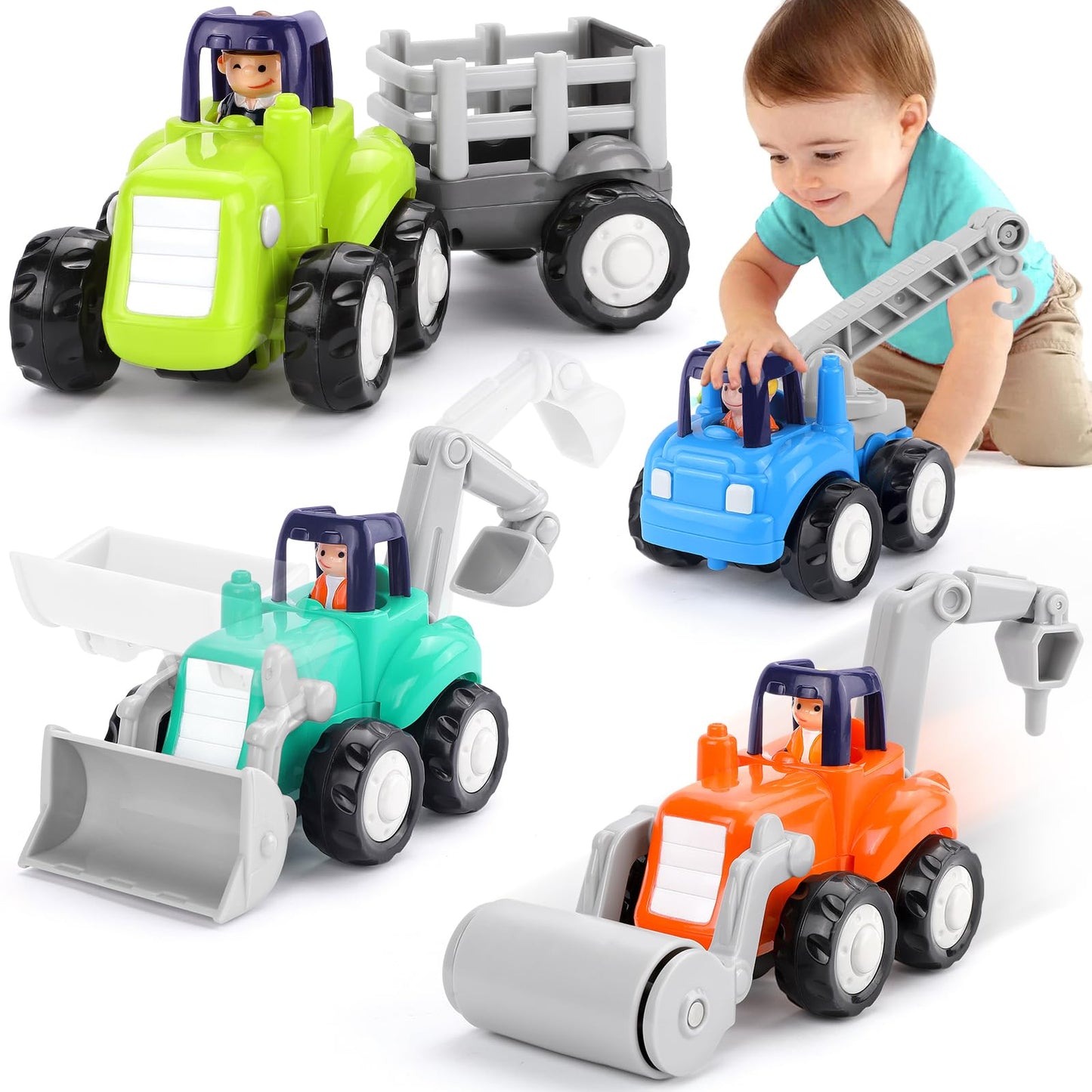 ORWINE Inertia Trucks Toy Cars – 4-Pack Friction-Powered Construction Vehicles for Toddlers 18M+