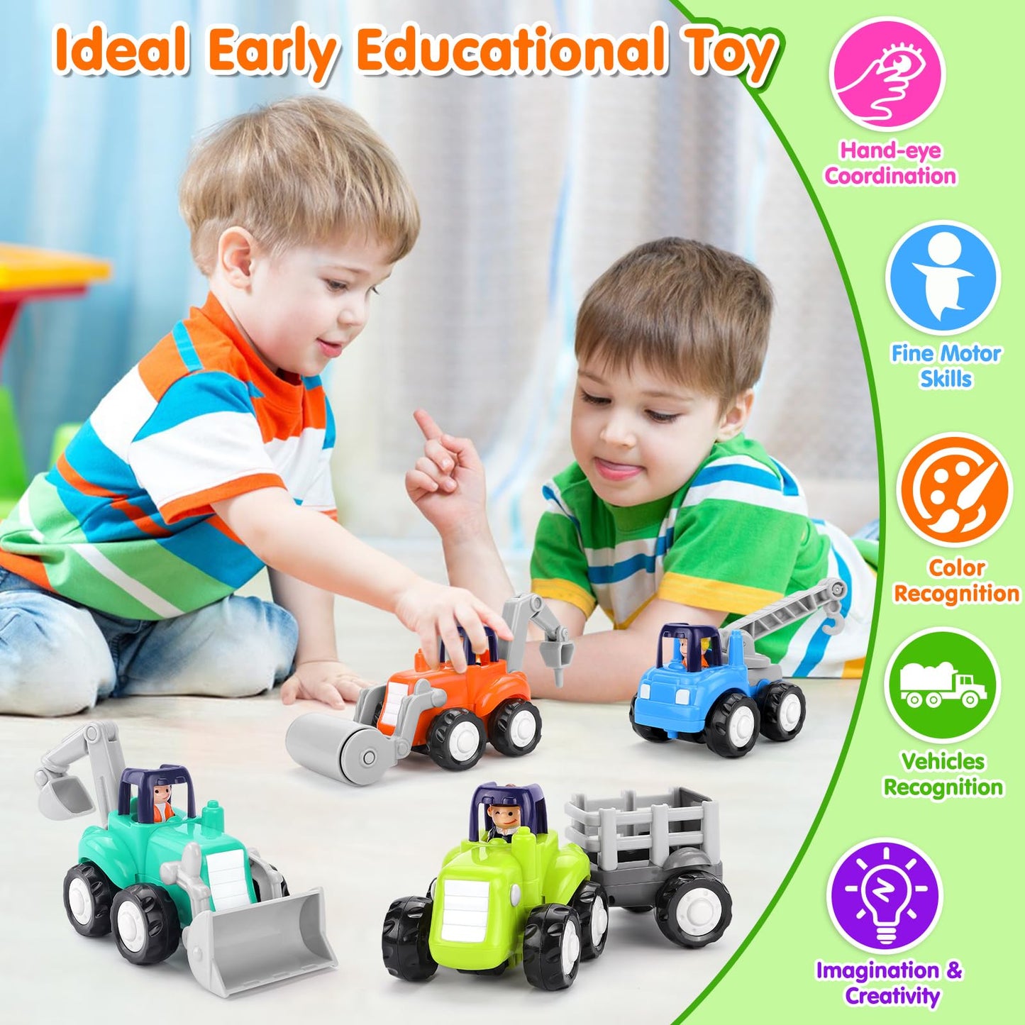 ORWINE Inertia Trucks Toy Cars – 4-Pack Friction-Powered Construction Vehicles for Toddlers 18M+