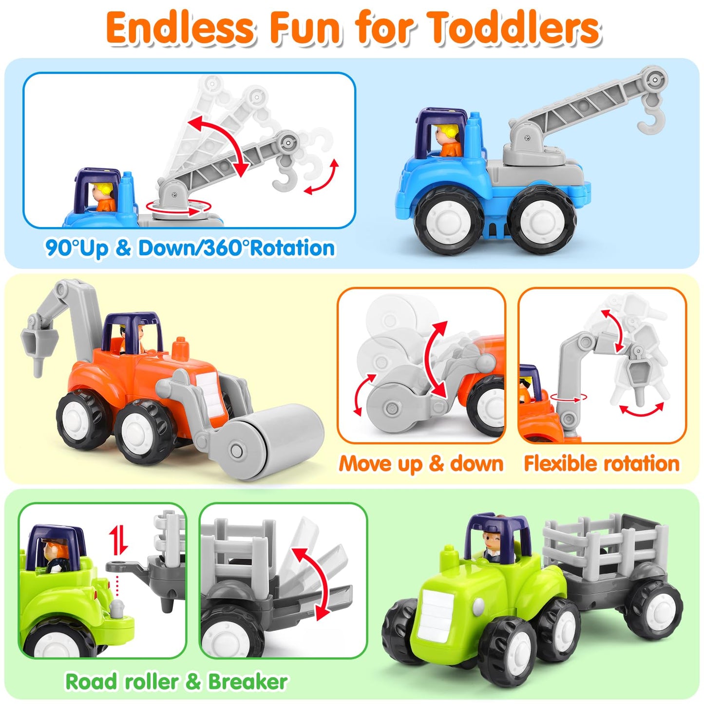 ORWINE Inertia Trucks Toy Cars – 4-Pack Friction-Powered Construction Vehicles for Toddlers 18M+