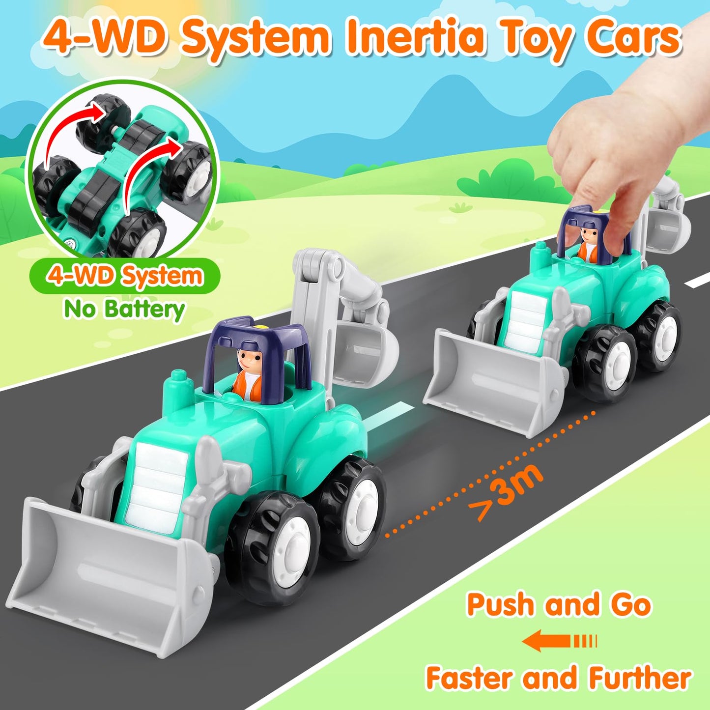 ORWINE Inertia Trucks Toy Cars – 4-Pack Friction-Powered Construction Vehicles for Toddlers 18M+