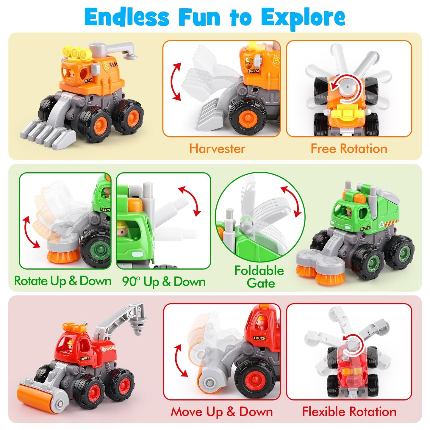 ORWINE Push & Go Construction Trucks – 4-Pack Friction-Powered Toys for Ages 2-5