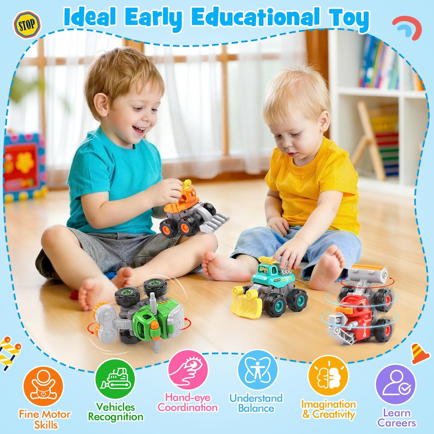 ORWINE Push & Go Construction Trucks – 4-Pack Friction-Powered Toys for Ages 2-5