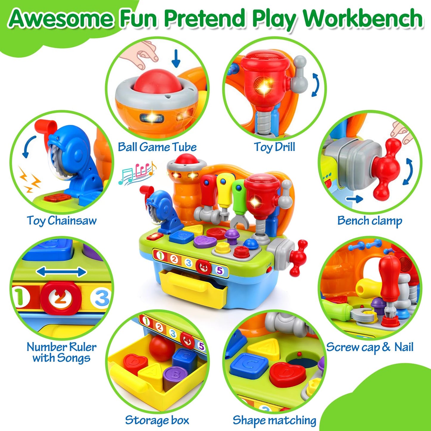 ORWINE Musical Tool Bench for 1 Year Old – Montessori Pretend Play