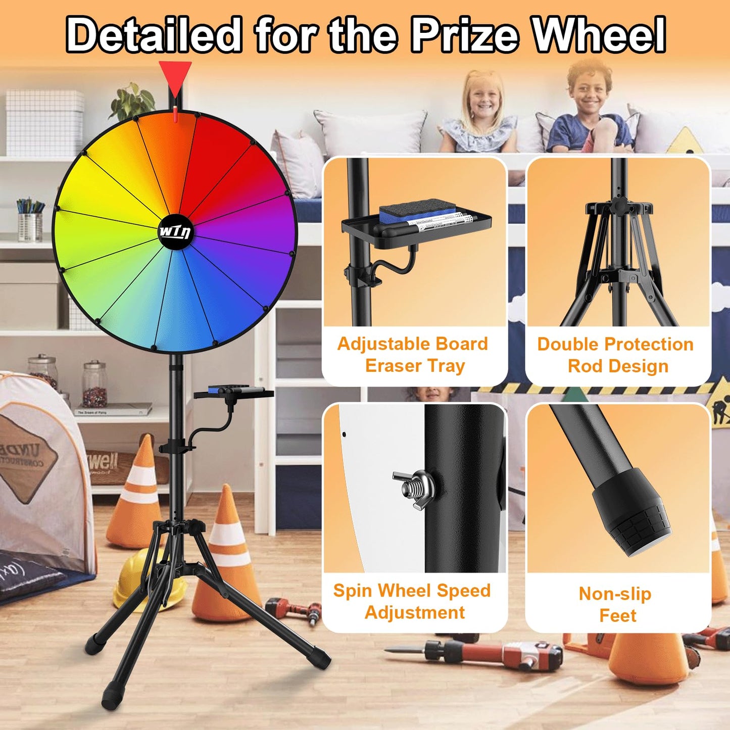 ORWOD 16-Inch Tripod Prize Wheel – Height-Adjustable Spinner with 12 Color Slots
