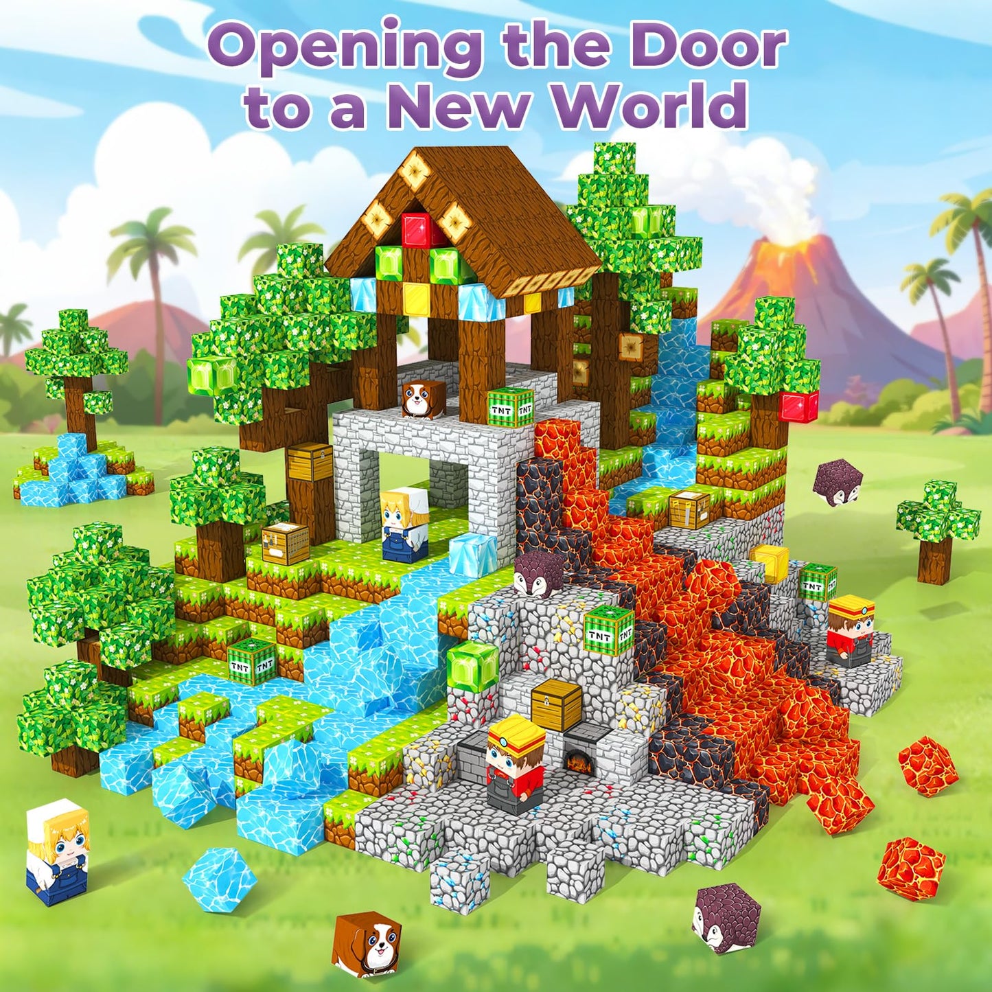 ORZbb Magnetic Blocks & Tiles Set — Forest & Mine Themes, 0.8in Cubes, Ages 3–8