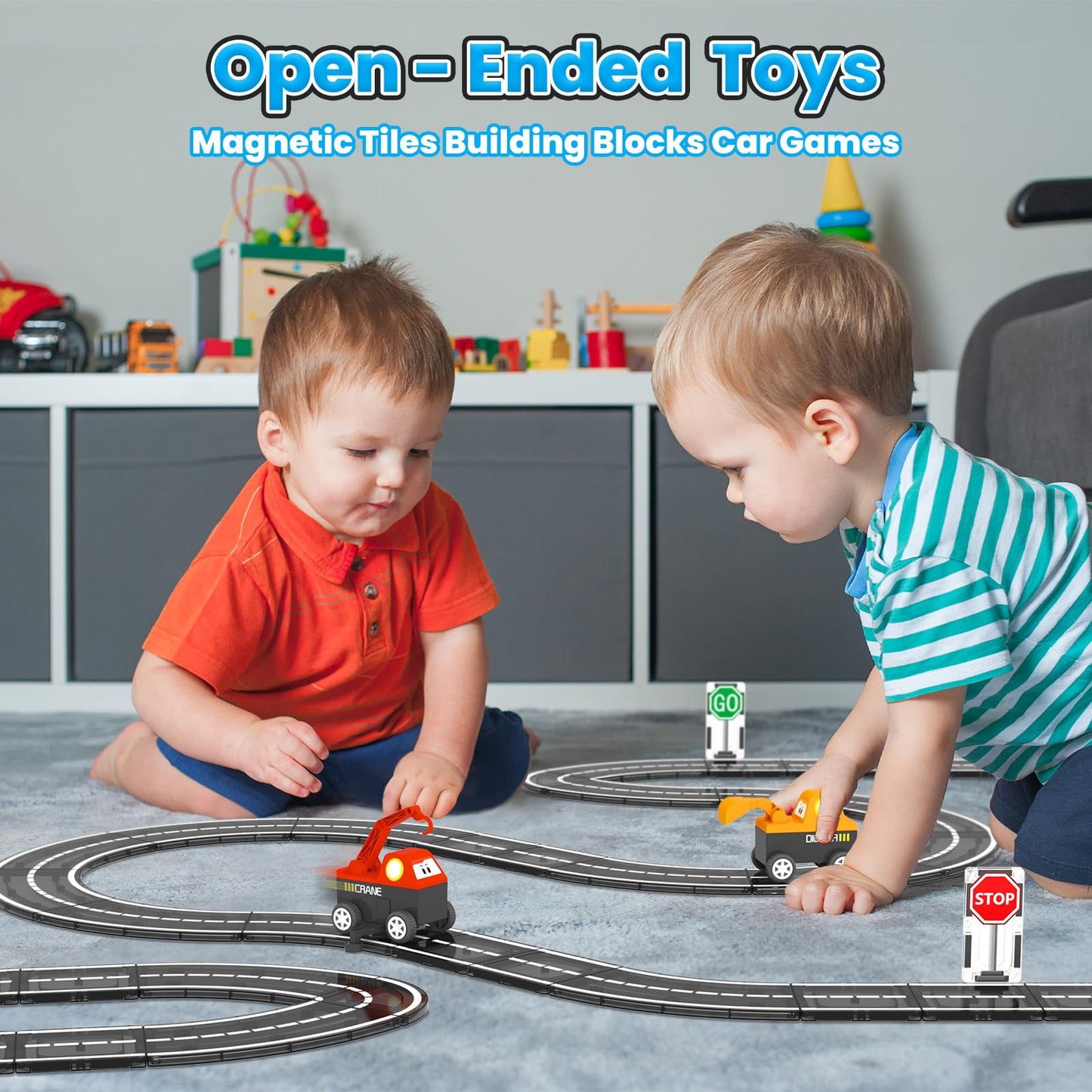 ORZbb Magnetic Tiles Roads Engineering Vehicle Set – STEM Road Toy for 3-6 Year Olds