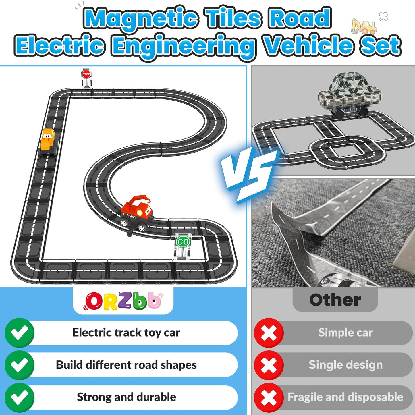 ORZbb Magnetic Tiles Roads Engineering Vehicle Set – STEM Road Toy for 3-6 Year Olds
