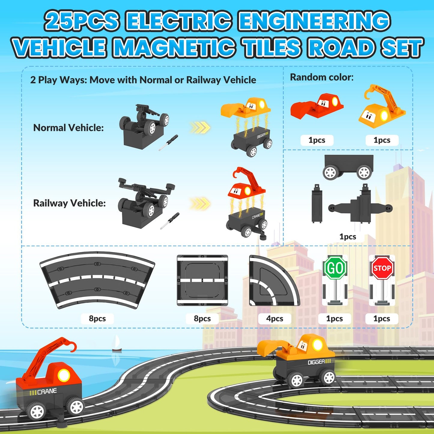 ORZbb Magnetic Tiles Roads Engineering Vehicle Set – STEM Road Toy for 3-6 Year Olds